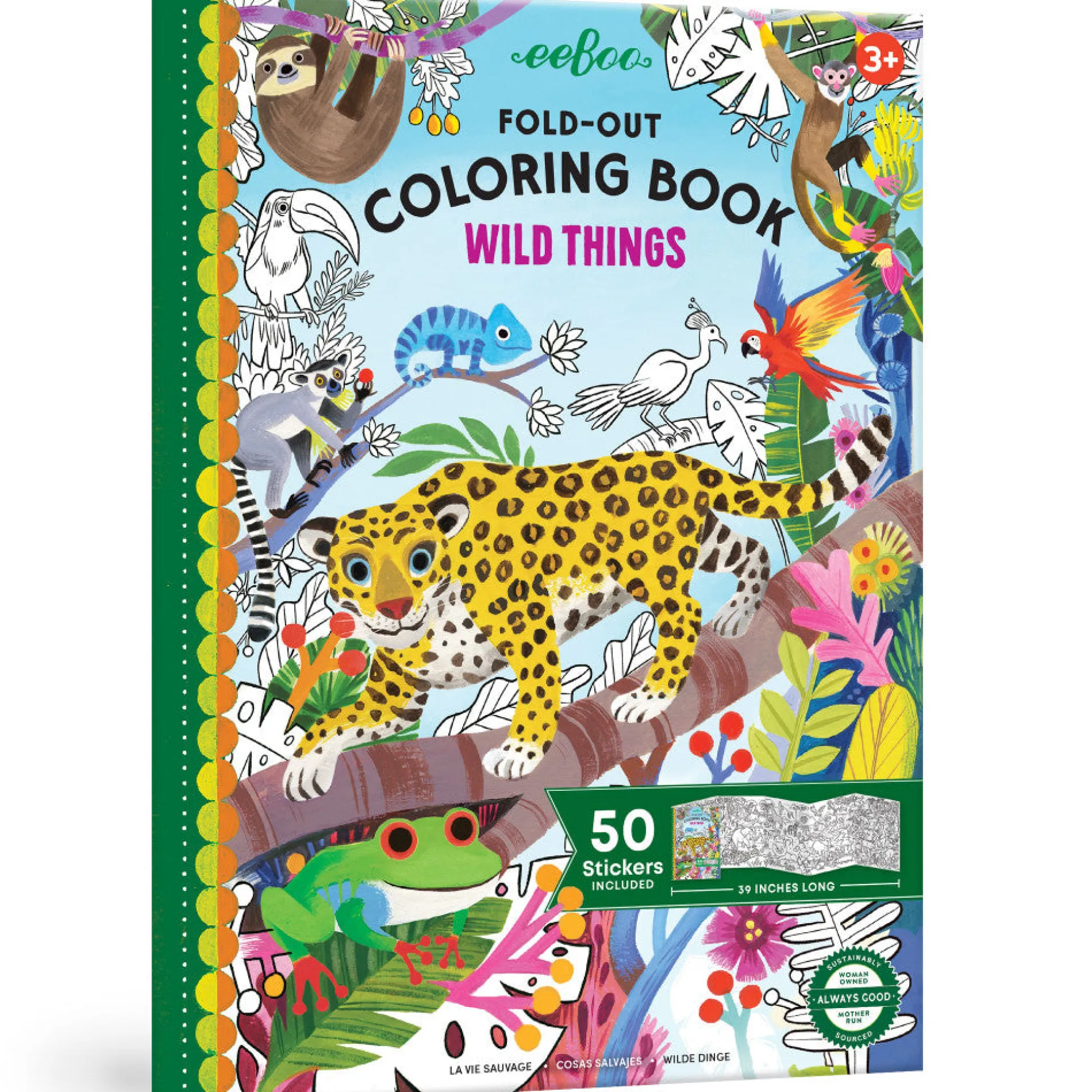 eeBoo Wild Things Fold-Out Coloring Mural Book with 50 Shiny Stickers