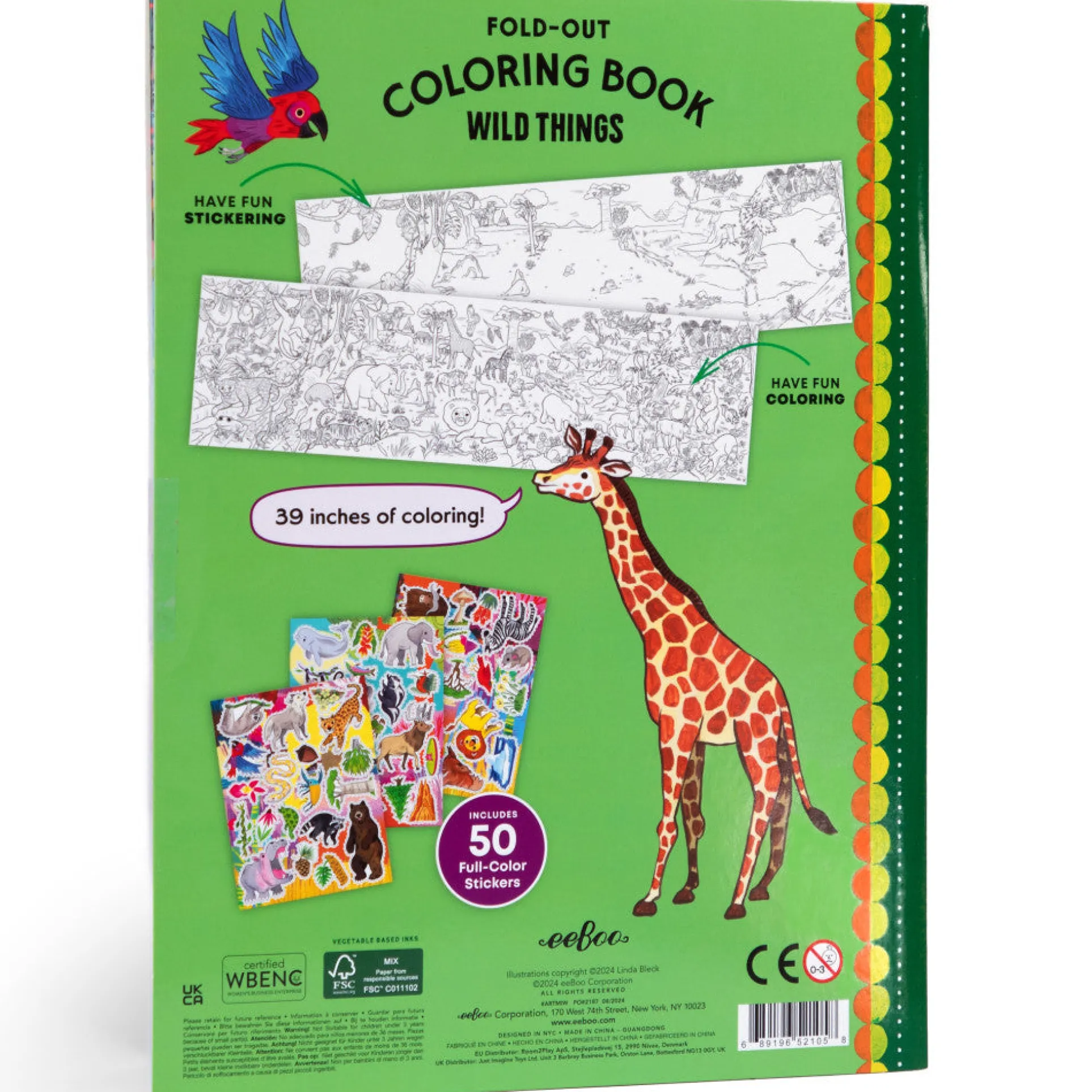 eeBoo Wild Things Fold-Out Coloring Mural Book with 50 Shiny Stickers