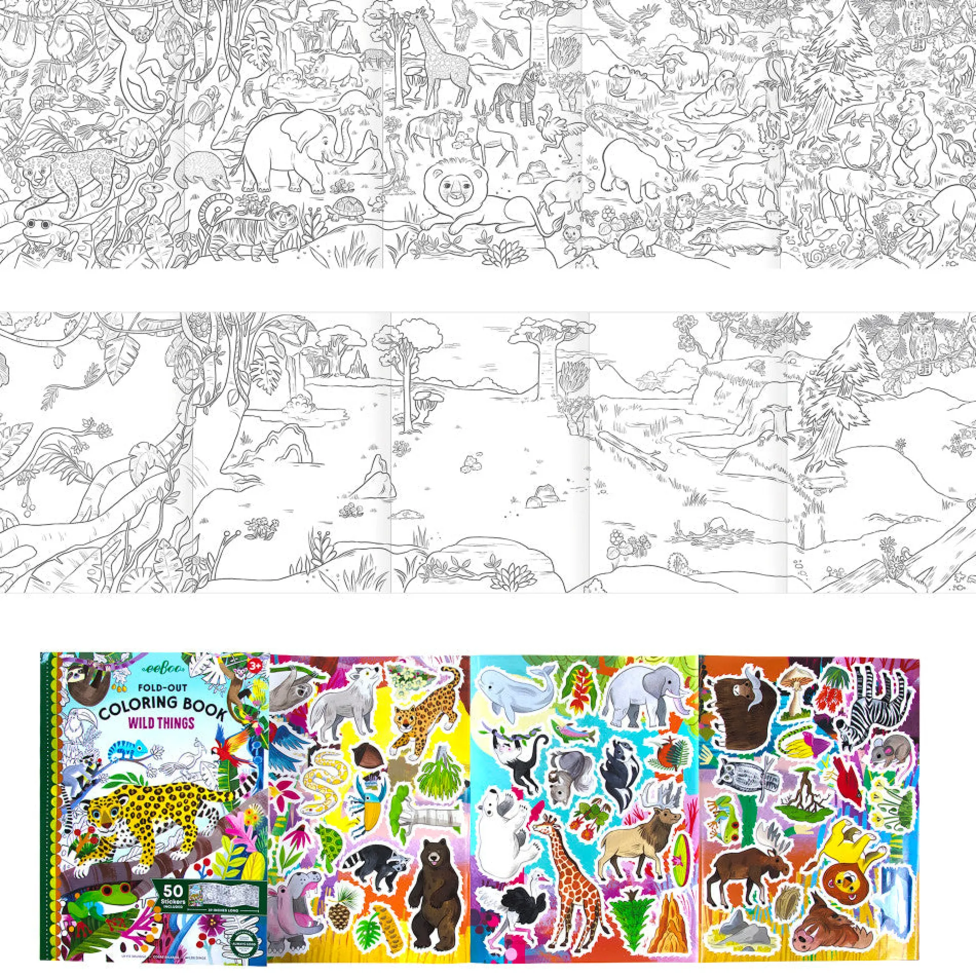 eeBoo Wild Things Fold-Out Coloring Mural Book with 50 Shiny Stickers