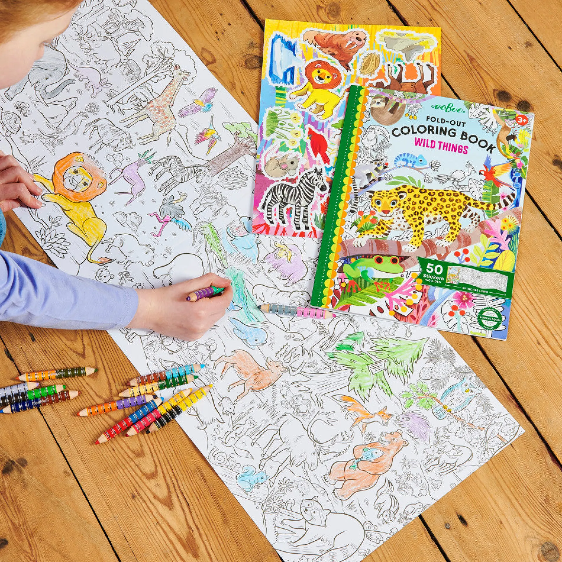 eeBoo Wild Things Fold-Out Coloring Mural Book with 50 Shiny Stickers