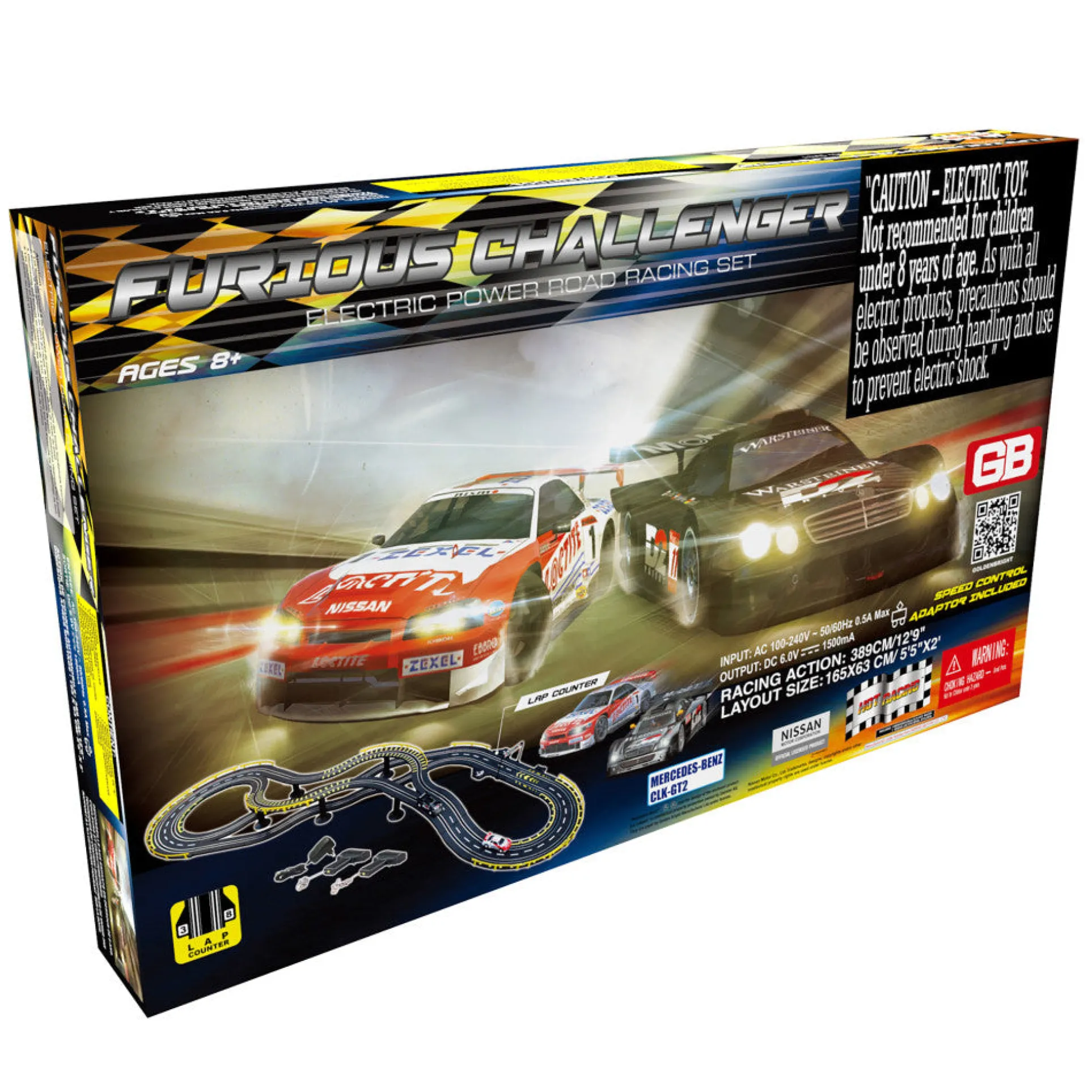 GB Furious Challenger Electric Power Road Racing Set with Mercedes Benz CLK GT2 and Nissan Skyline GT-R