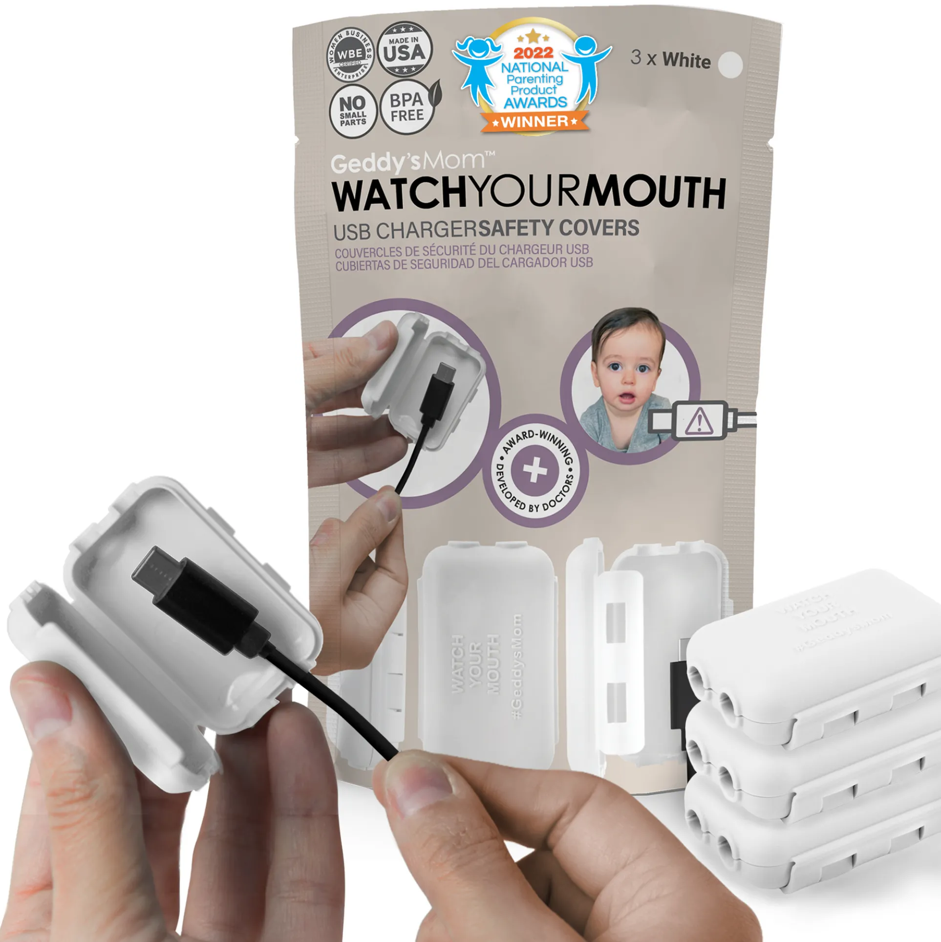 Geddy's Mom Watch Your Mouth - Baby Proofing USB Charger Safety Cover - White 3 Pack