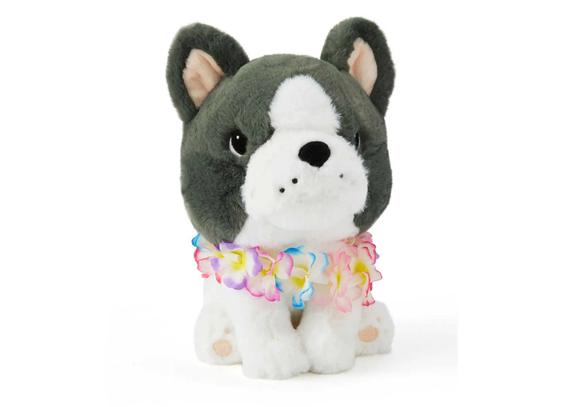 Geoffrey's Toy Box 10-Inch Plush French Bull Dog with Tropical Lei - Grey