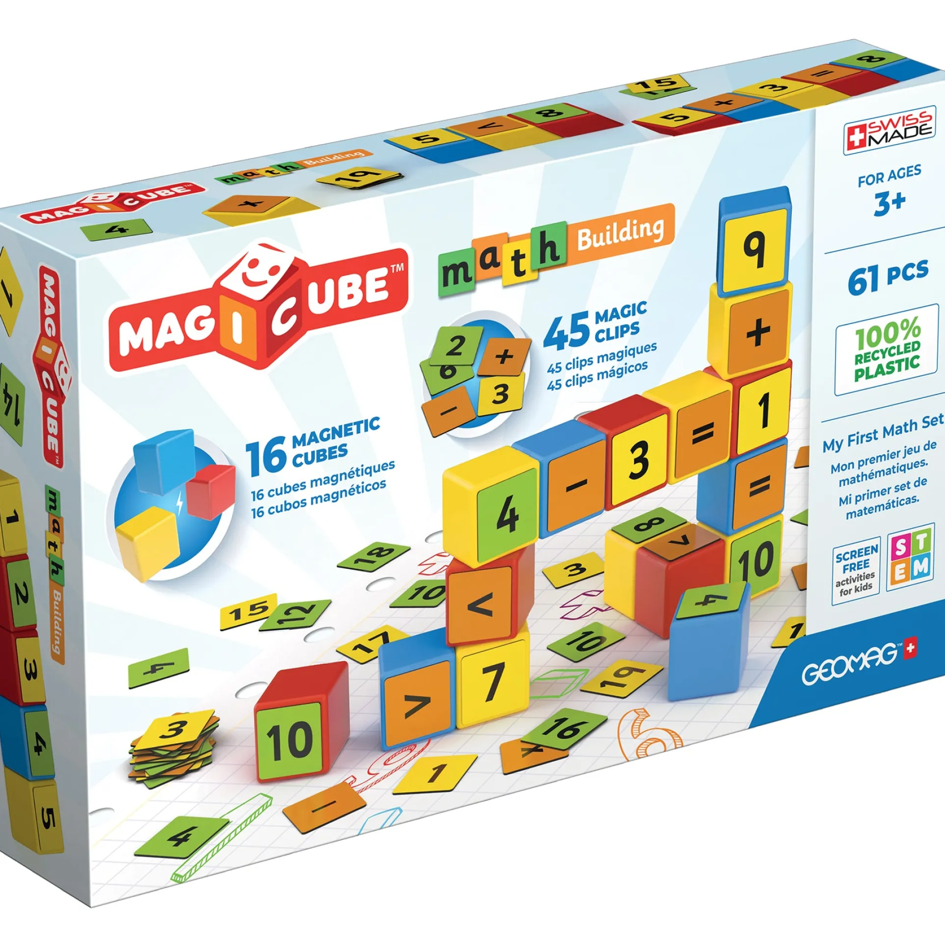 Geomag Magicube Math Building Set - 61 Pieces, Recycled, Colorful Magnetic Blocks