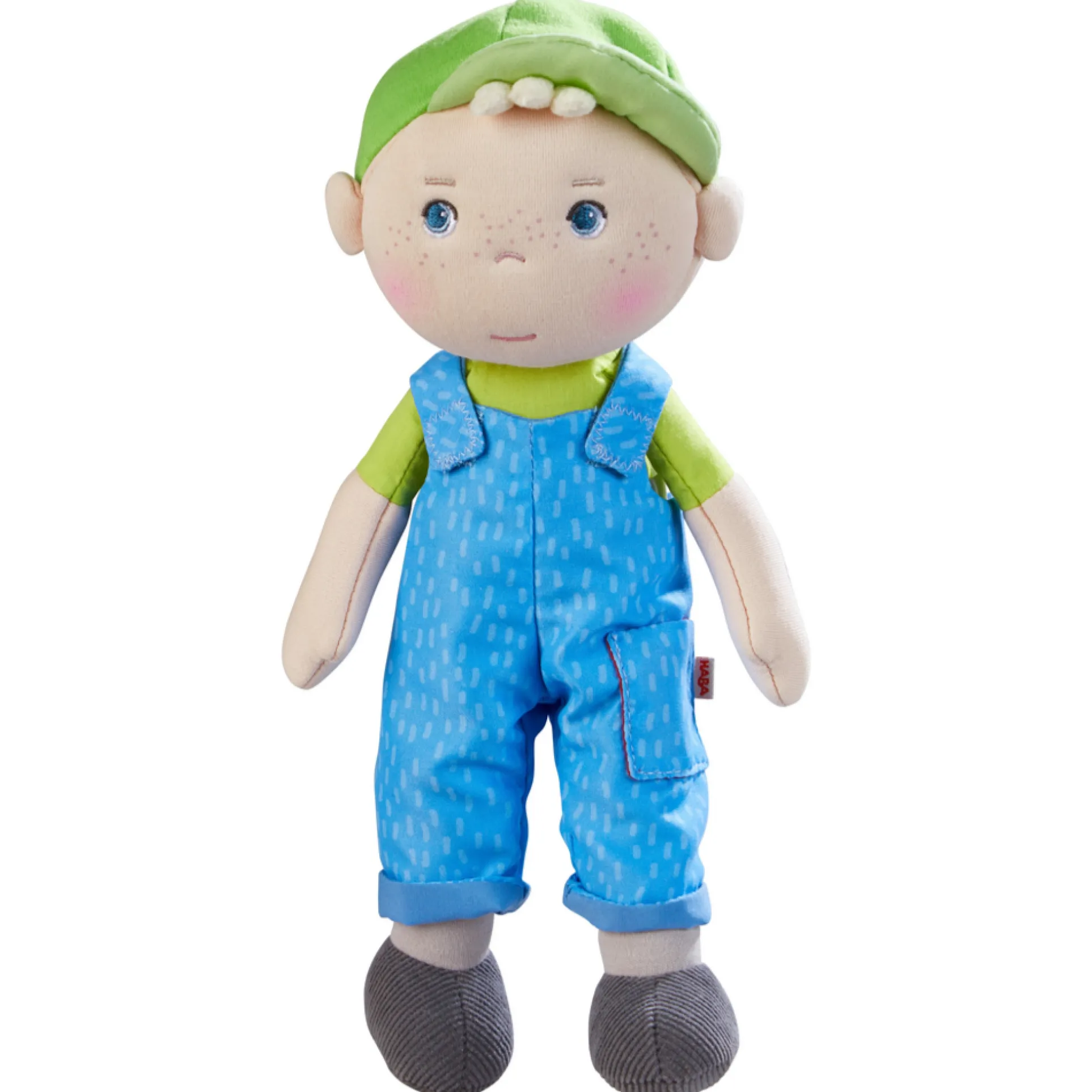 HABA Snug Up Doll Till - 10 inch Soft Toddler Doll with Blue Overalls
