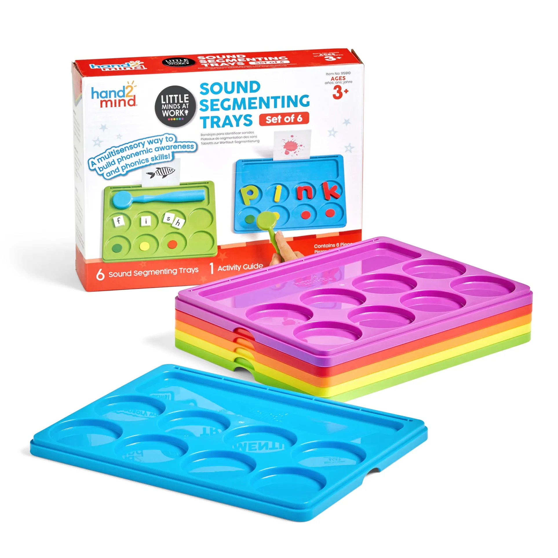 Hand2Mind Sound Segmenting Trays with Magnetic Wand - Rainbow Colored, Set of 6