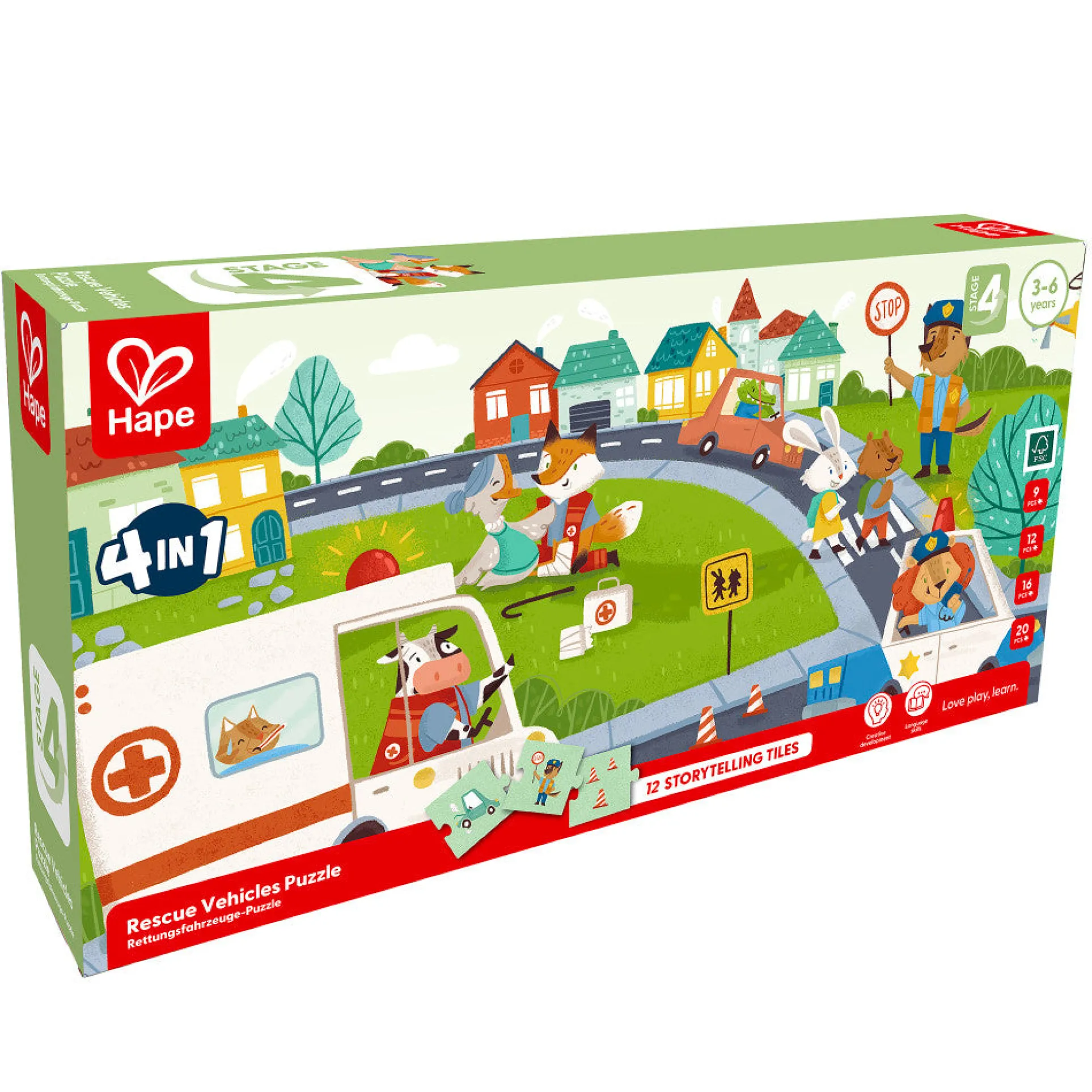 Hape Colorful Rescue Vehicles 4-in-1 Puzzle Set