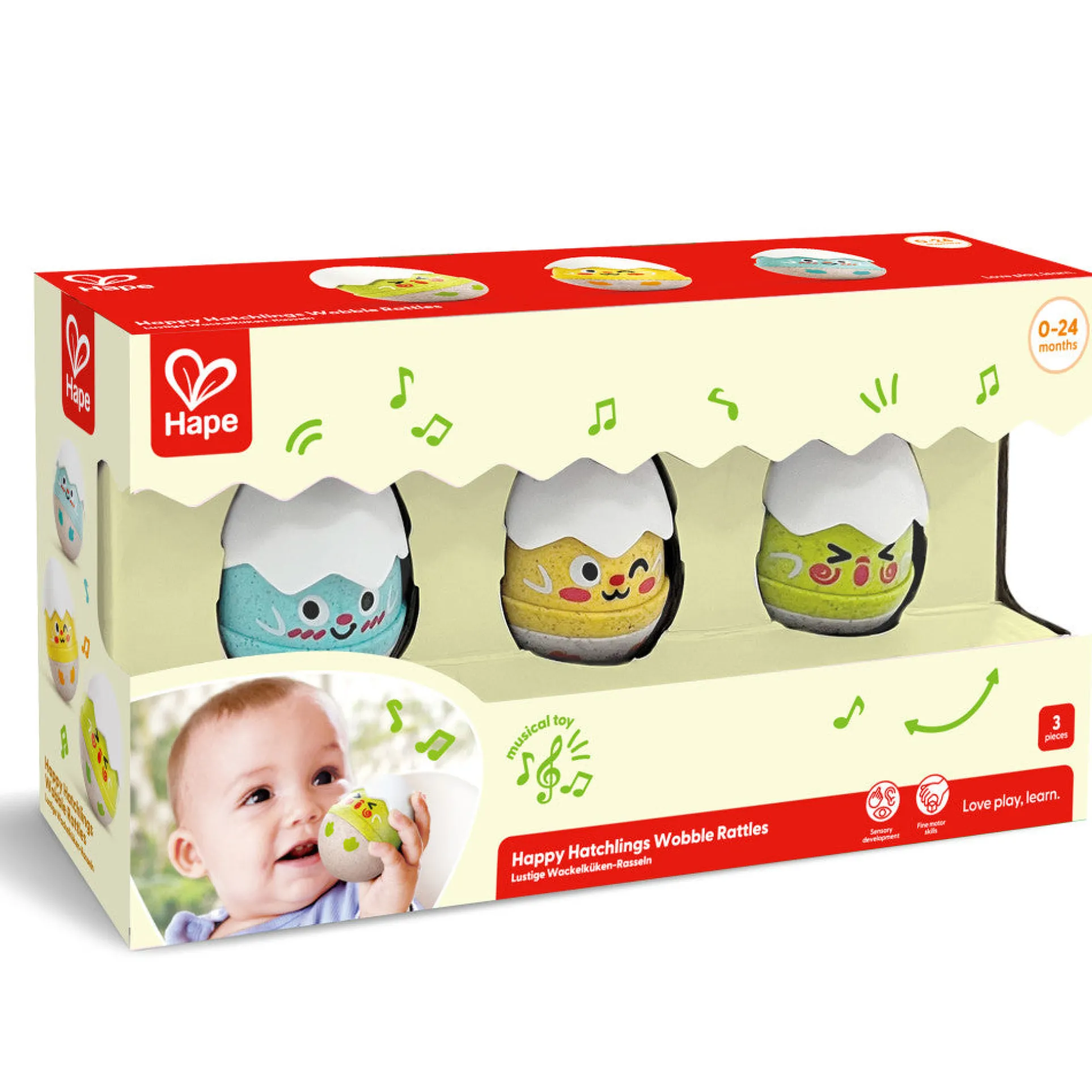 Hape Happy Hatchlings Wobble Rattles – 3pc, Emotive Eggs Edition