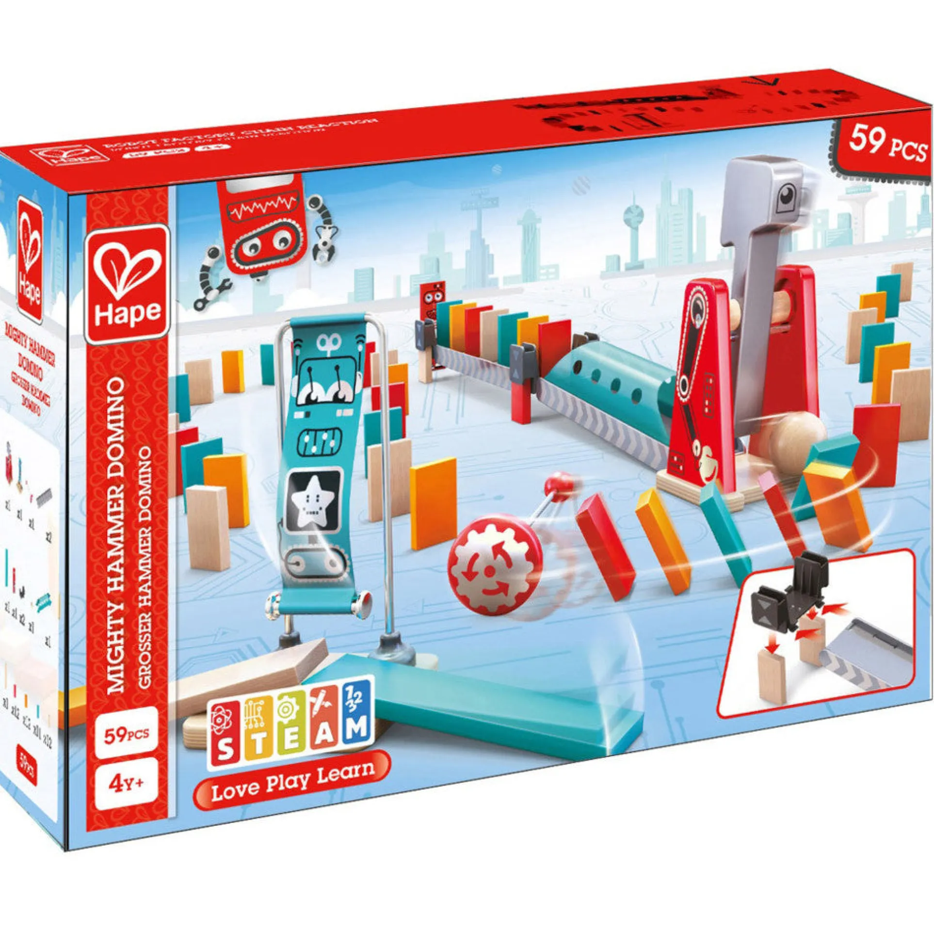 Hape Mighty Hammer Wooden Domino Set - 59 Pieces Interactive Playset