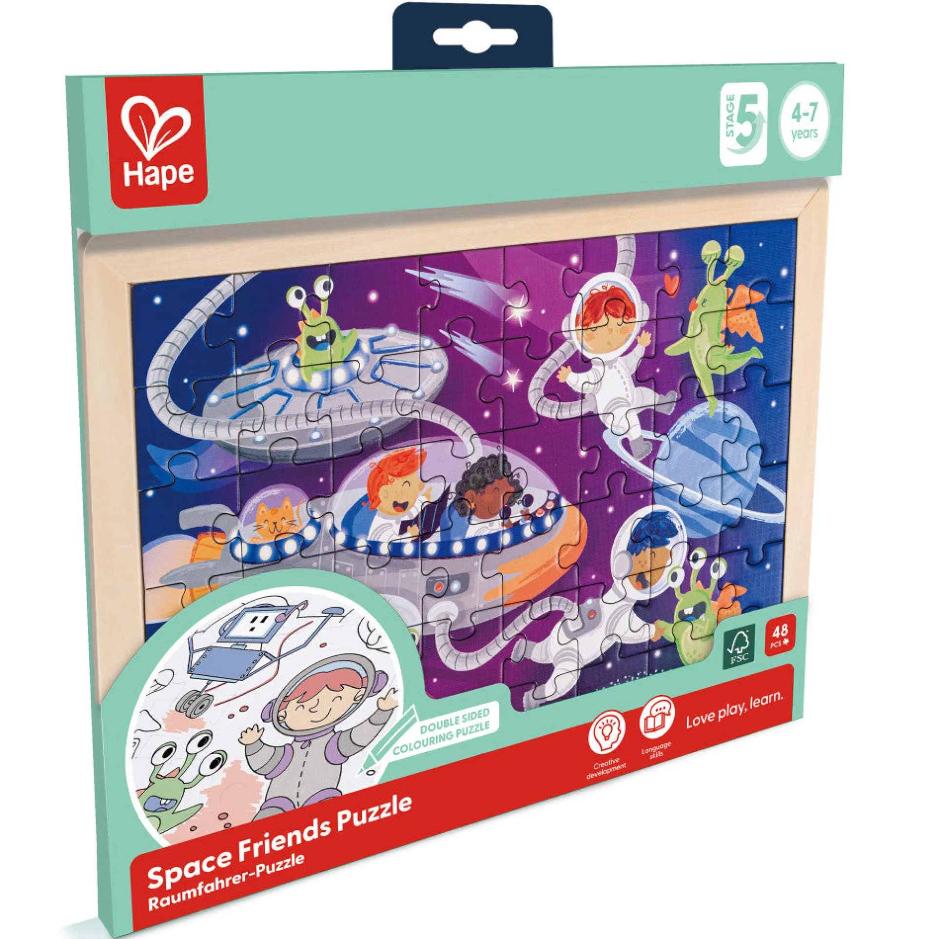 Hape Space Friends 48pc Double-Sided Coloring Jigsaw Puzzle