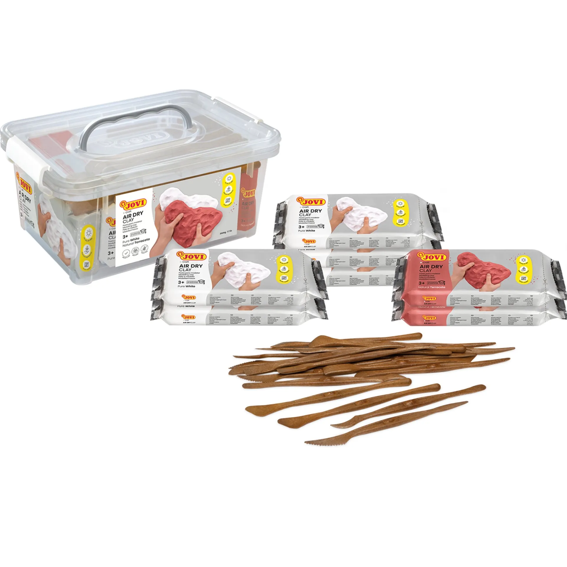 JOVI Air Dry Clay School Pack - 7 Bars, 1.1 Lb Each & 20 Spatulas, Assorted Colors