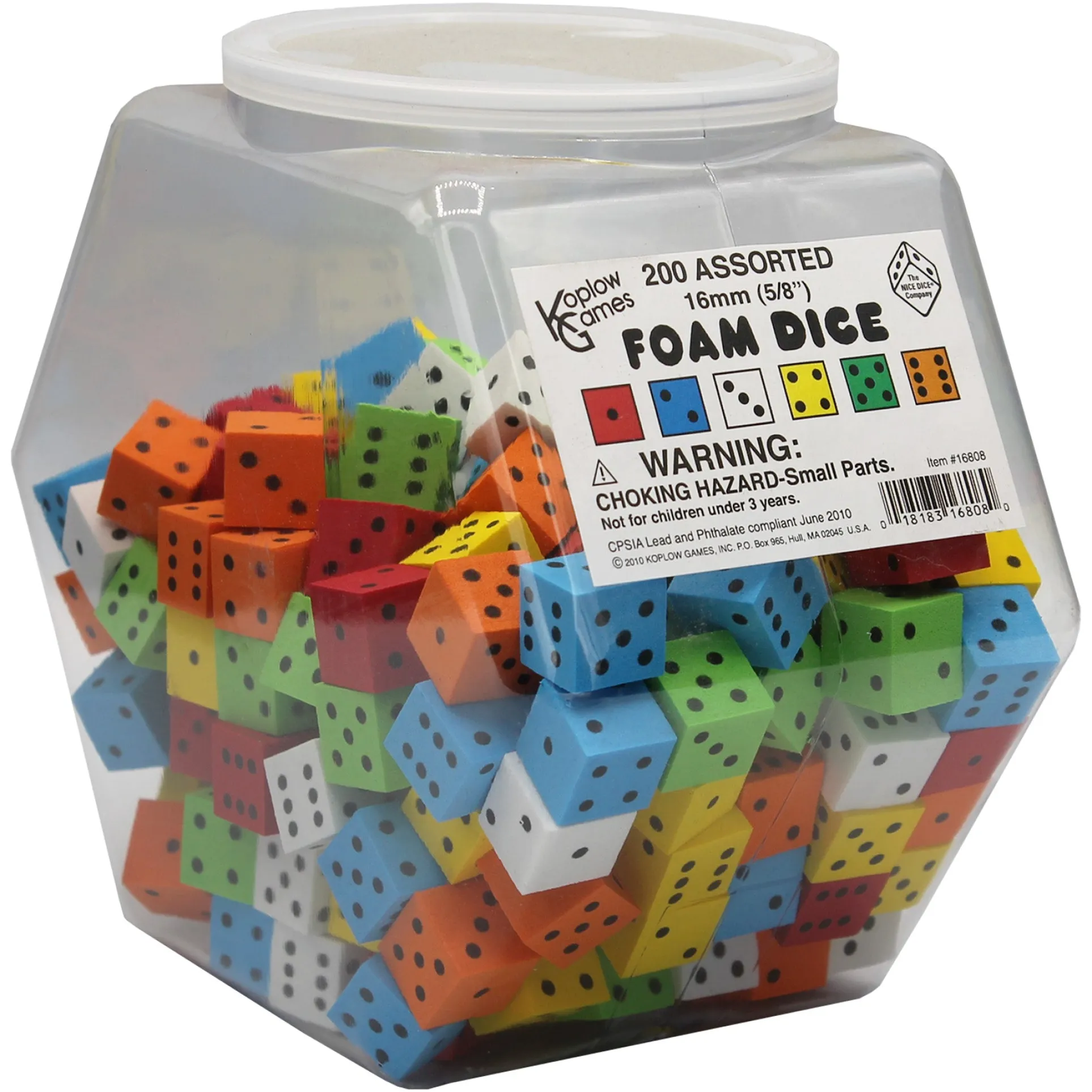 Koplow Games Jubilant Jumbo Foam Dice Set, 16mm, Variety Colors, Tub of 200