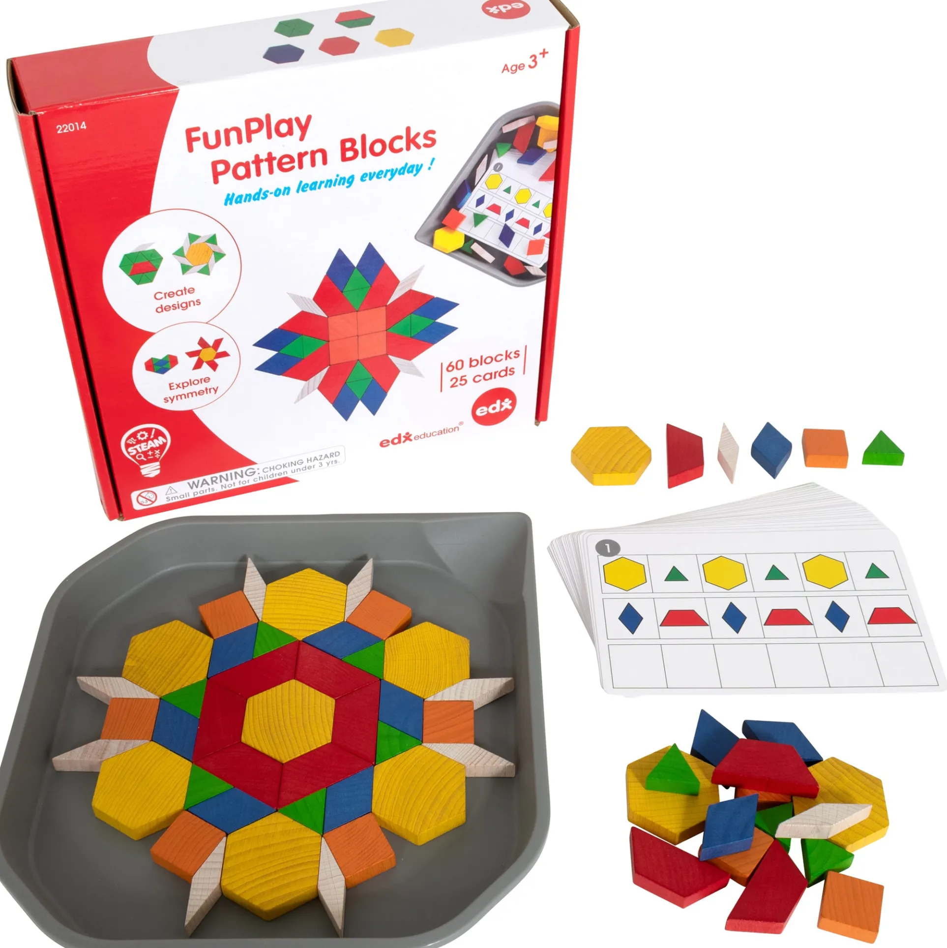 Edxeducation FunPlay Pattern Blocks - 60 Wooden Shapes & 50 Learning Activities with Tray