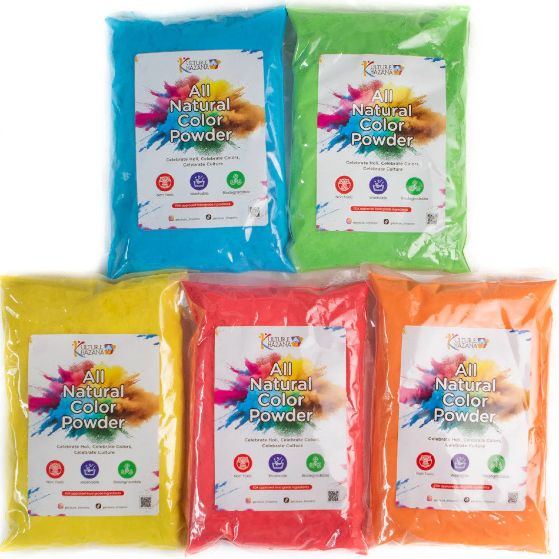 Kulture Khazana Natural Holi Color Powder - 5 Pack, 1lb Each, Washable