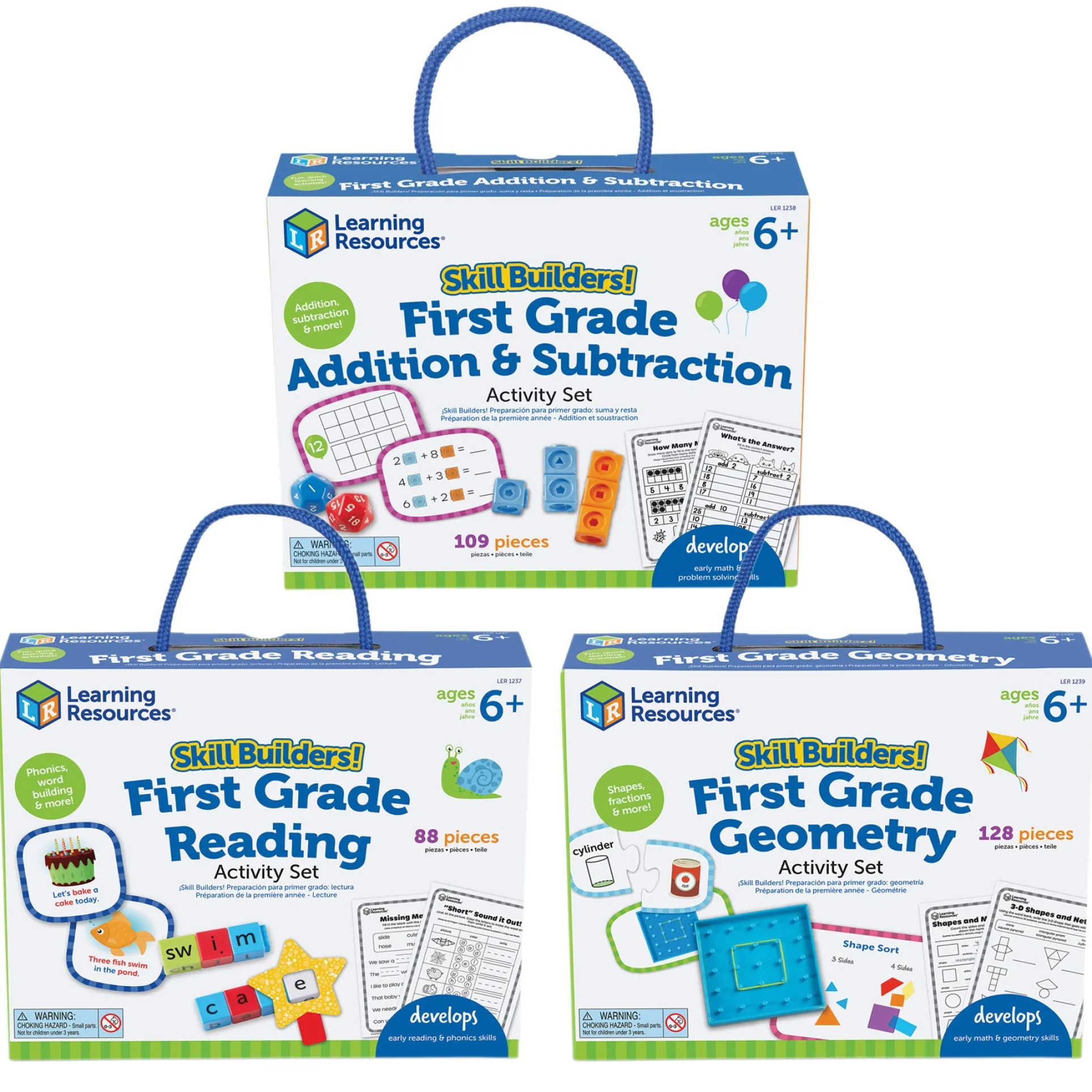 Learning Resources Skill Builders! 1st Grade Activities - 3-Pack Bundle for Reading, Math, and Shapes