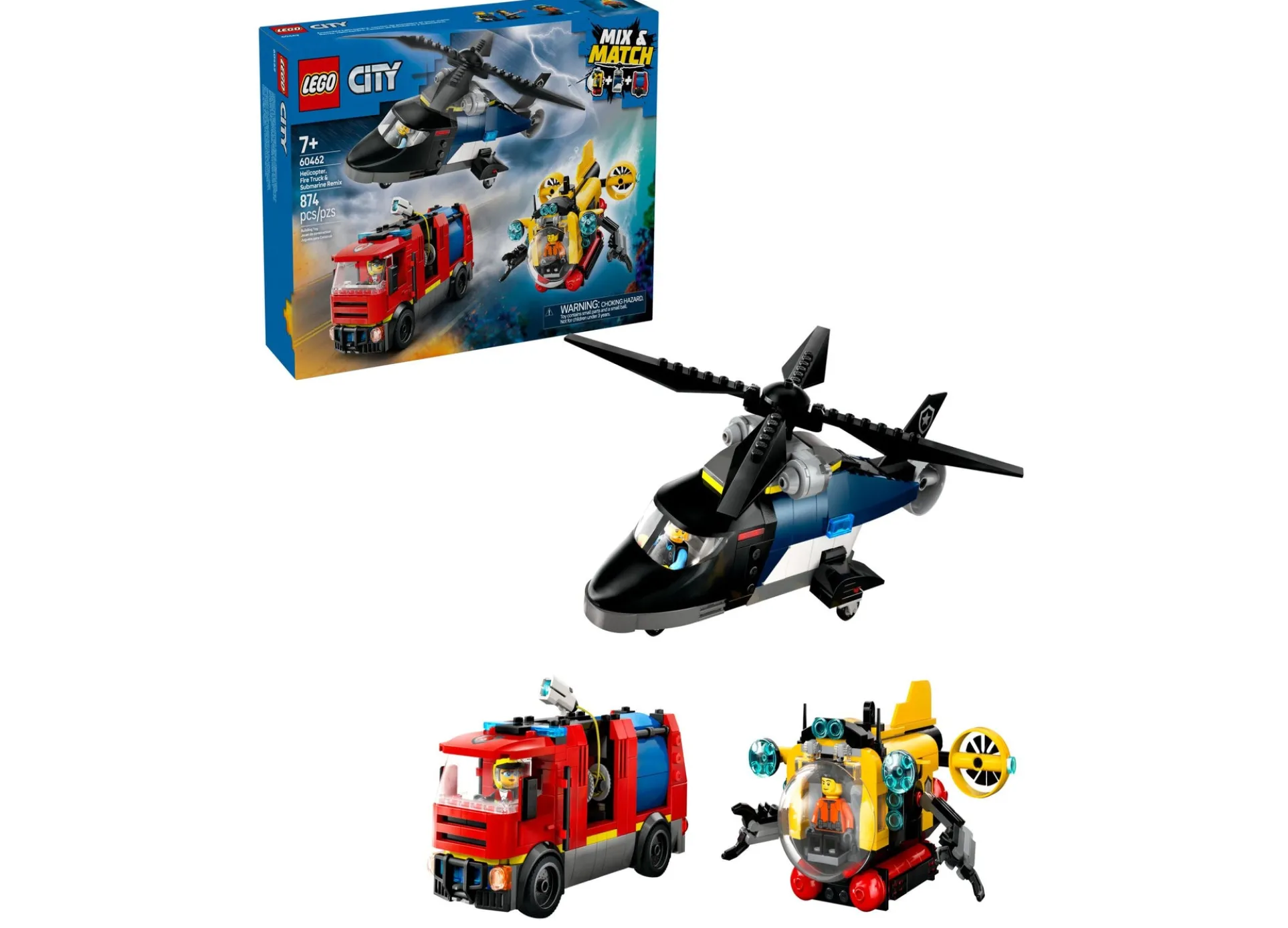 LEGO City Rescue Adventure Building Set - Helicopter, Fire Truck, Submarine - 874 Pieces