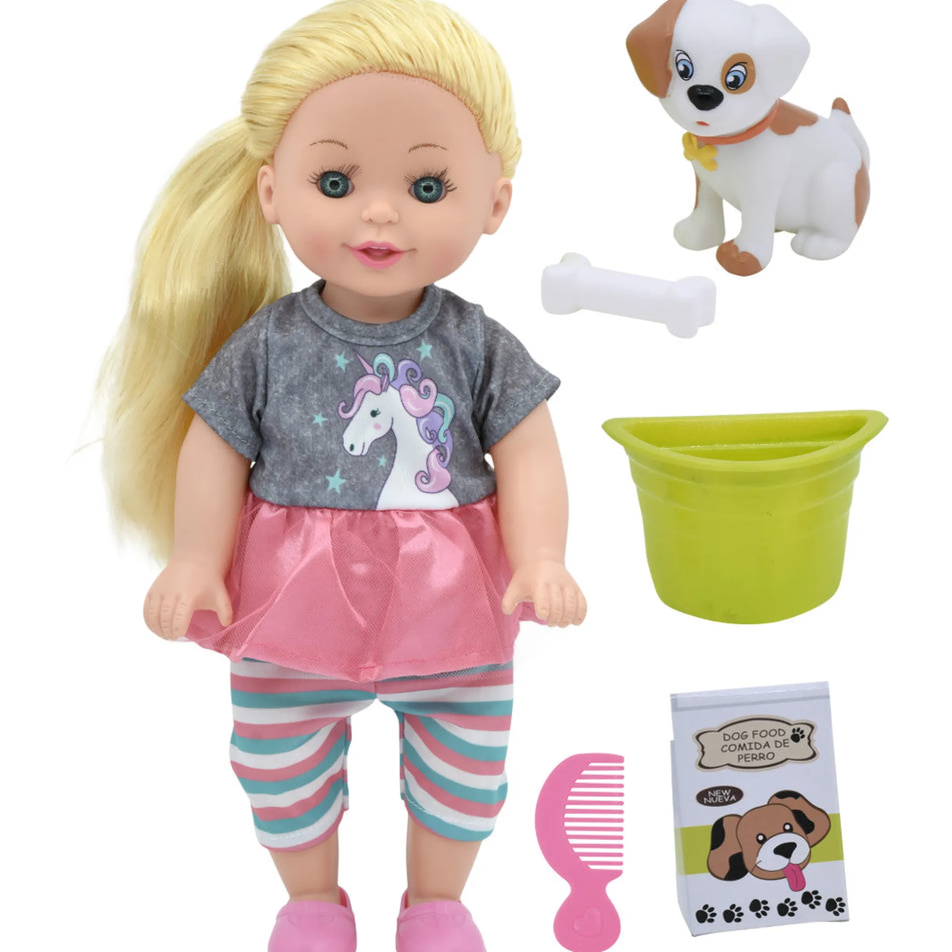 Lil Tots 14" Unicorn-Themed Talking Pet Grooming Playset with Doll - Pink/Grey/Green