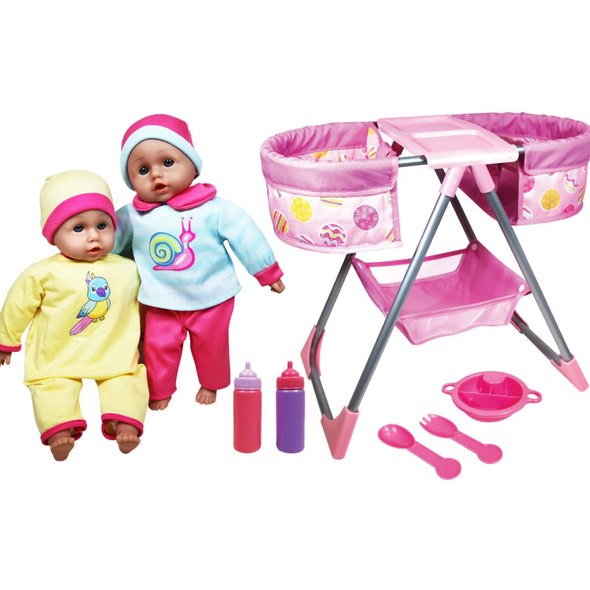 Lissi Twin Highchair & Baby Dolls Playset - Pink & Yellow, Ages 2+