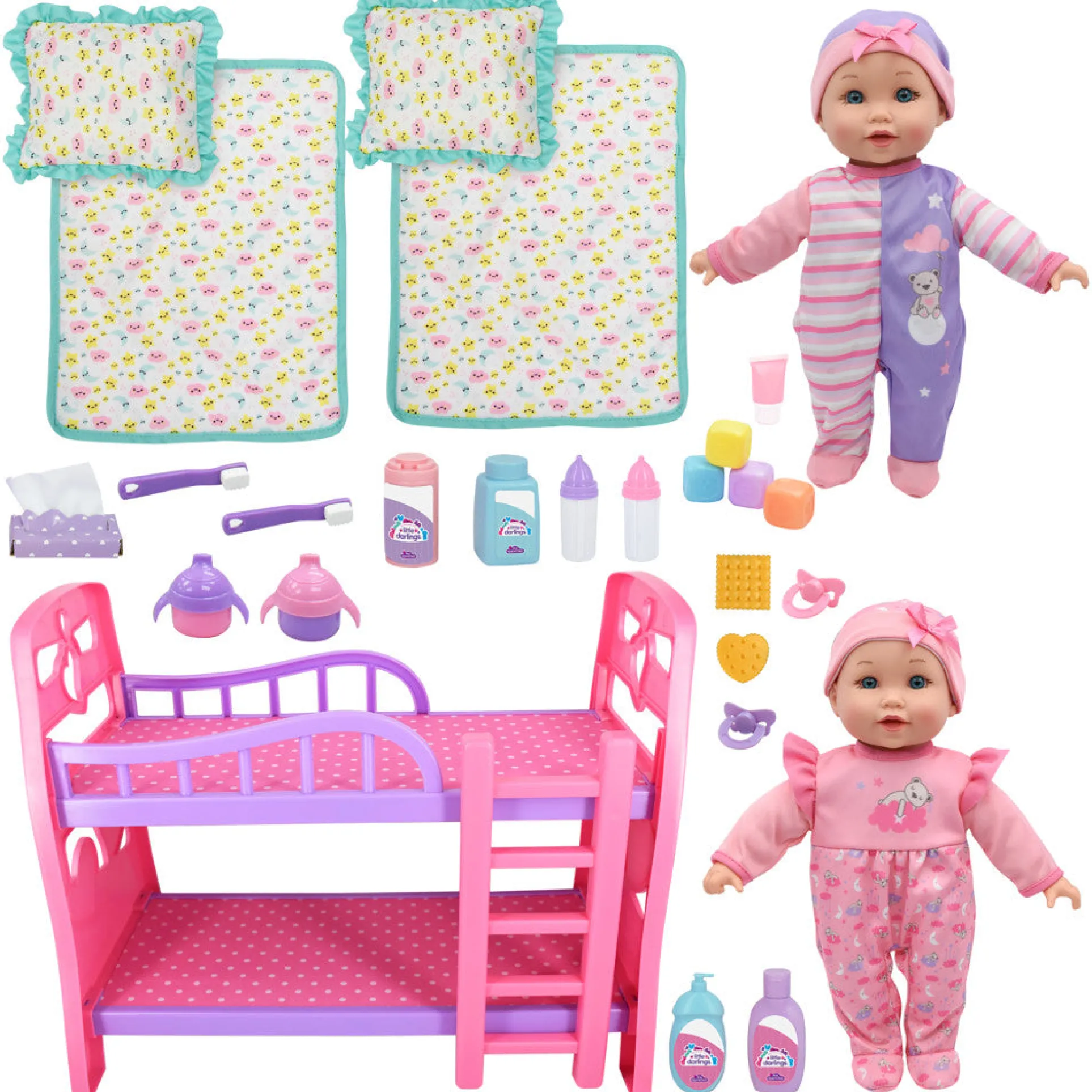 Little Darlings 12" - Twin Dolls Bedtime Fun Set 29pc - Pink, Purple, Green - Playset for Kids Ages 2+