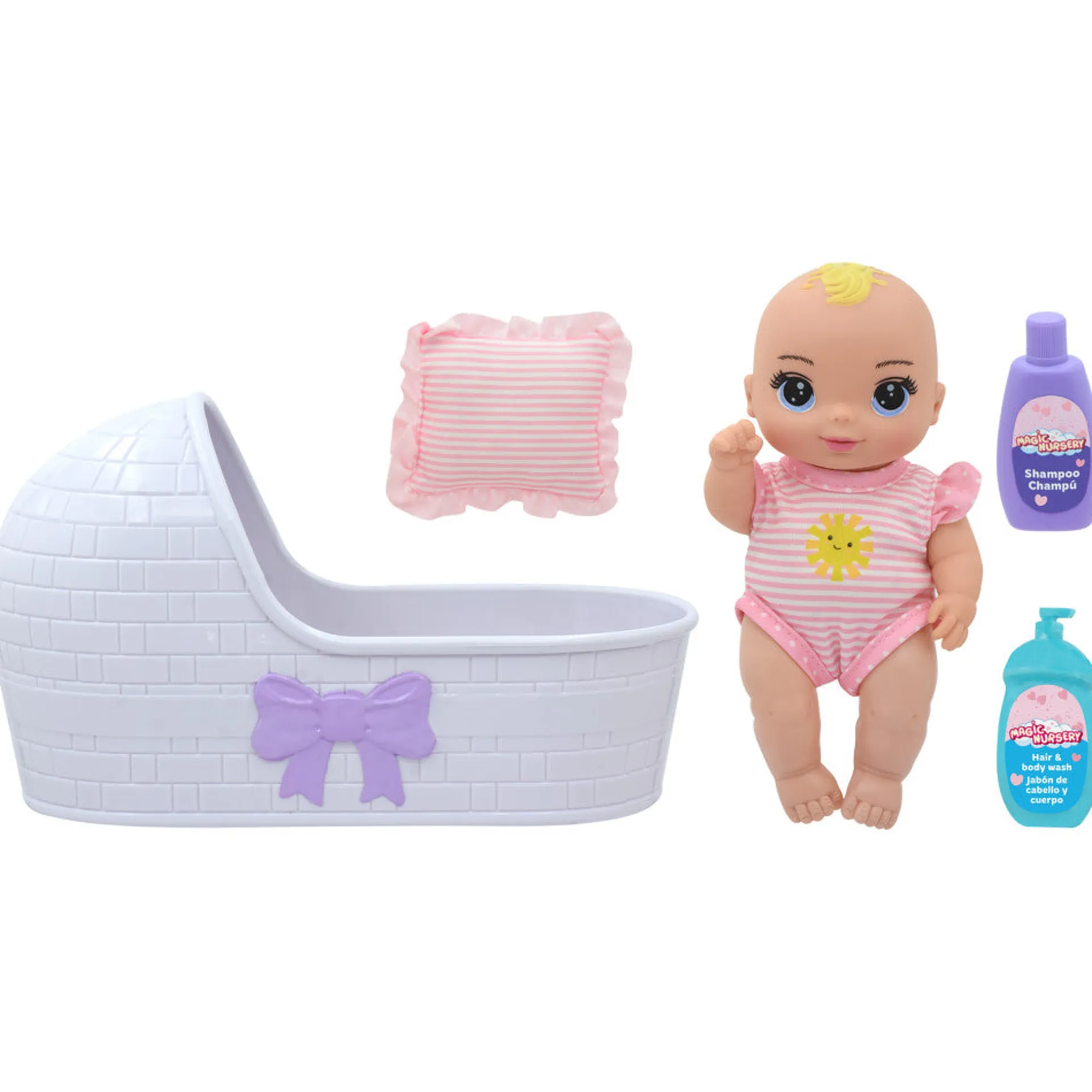 Magic Nursery 8" Baby Doll & Bassinet Gift Set - Pink & White Stripes