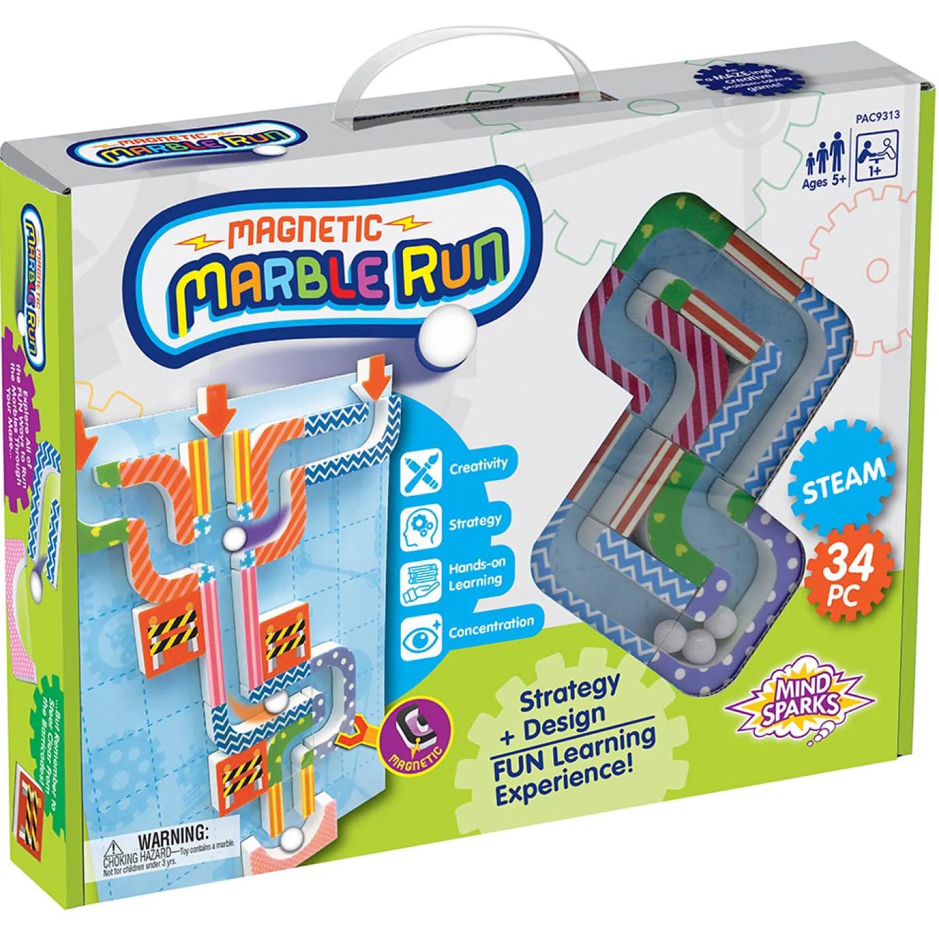 Mind Sparks Magnetic Marble Run, 34-Piece Set with Assorted Colors and Magnetic Board