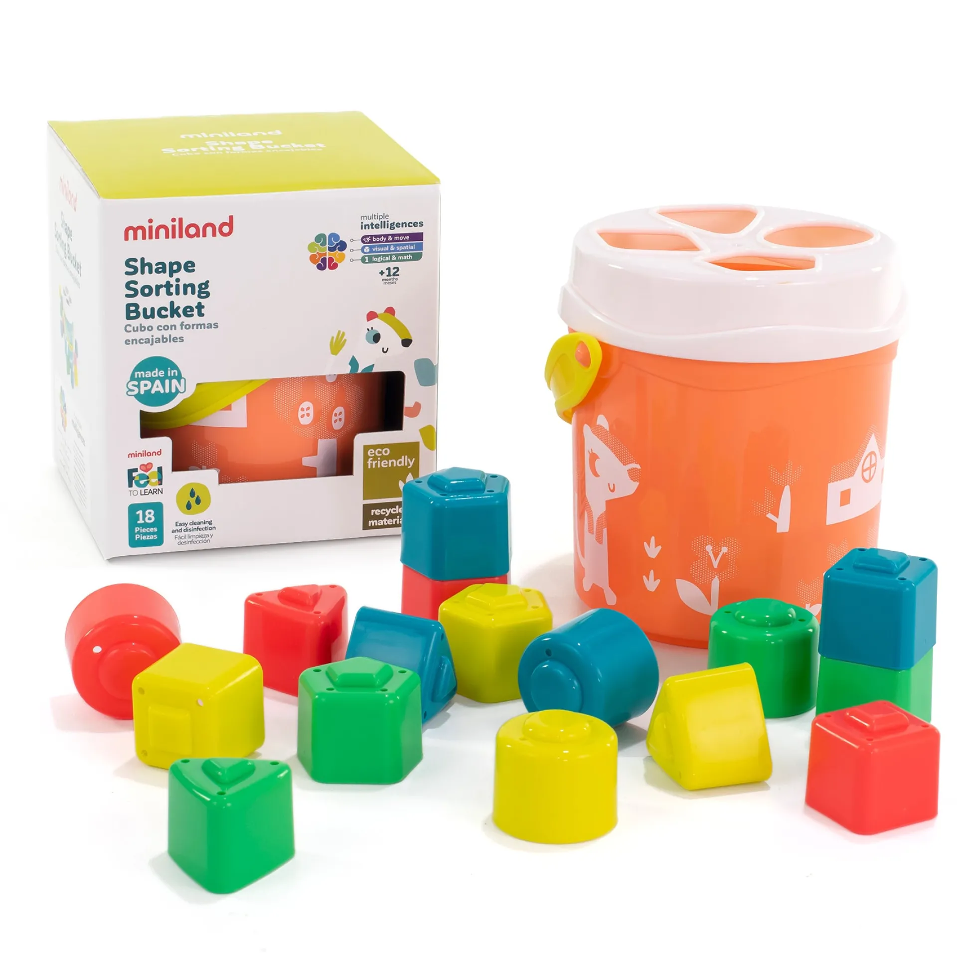 Miniland Shape Sorting Bucket – Playful Salmon