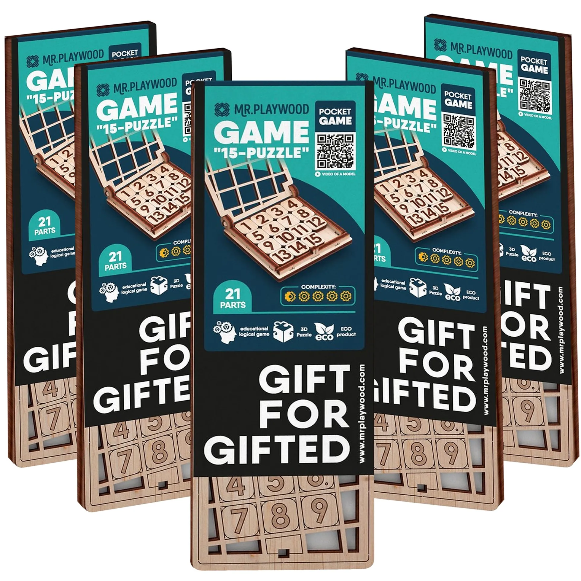 Mr.PLAYWOOD Fifteen Game 5-Pack Wooden STEM 3D Puzzles - 15 pc