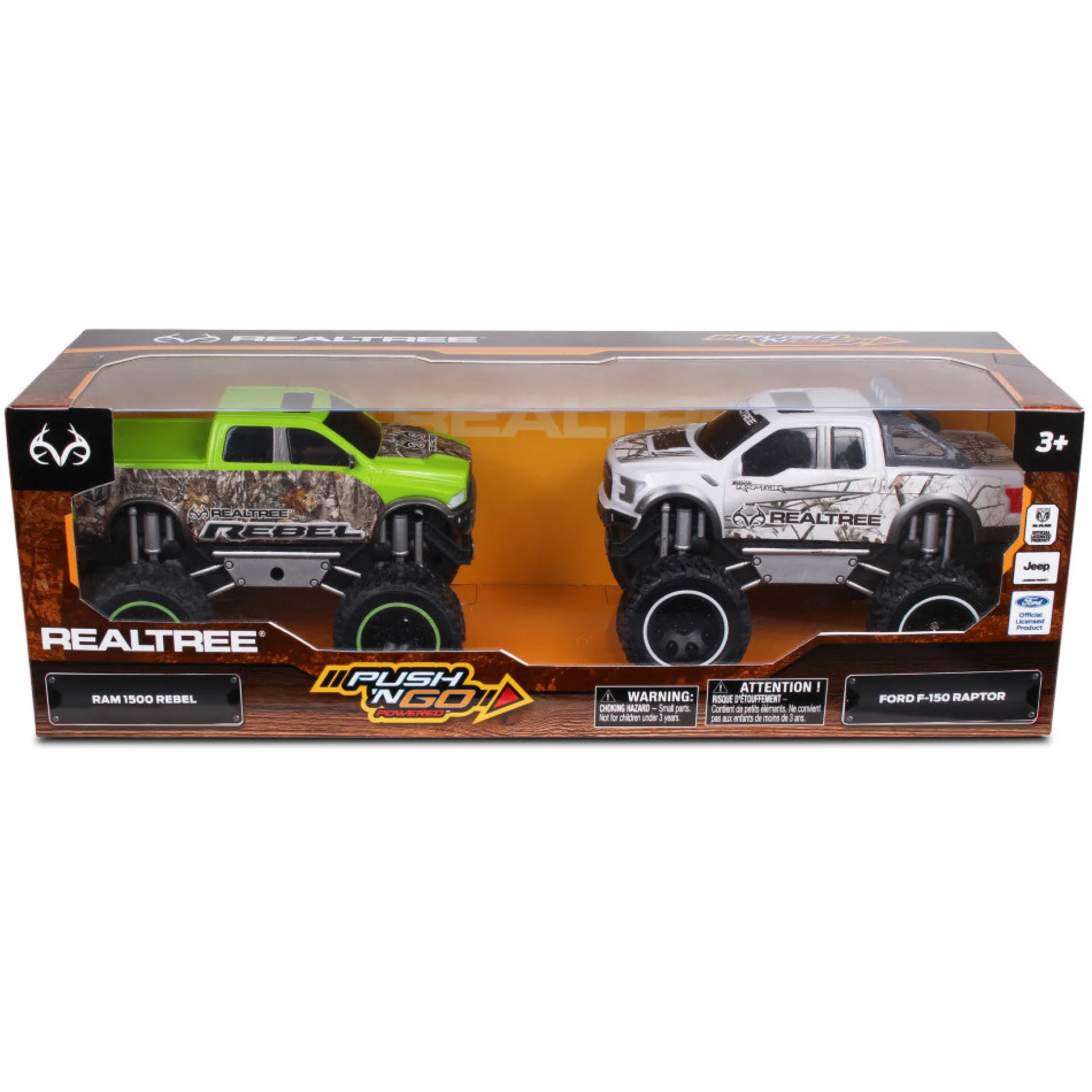 NKOK RealTree Friction-Powered Trucks 2-Pack - Ford F-150 Raptor & RAM Rebel