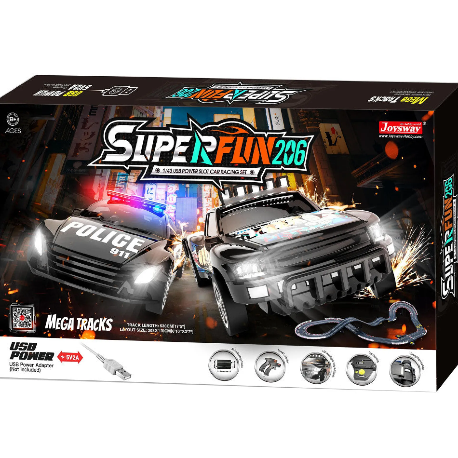 Joysway SuperFun 206 1:43 USB-Powered Slot Car Racing Set with LED Headlights and Lap Counter