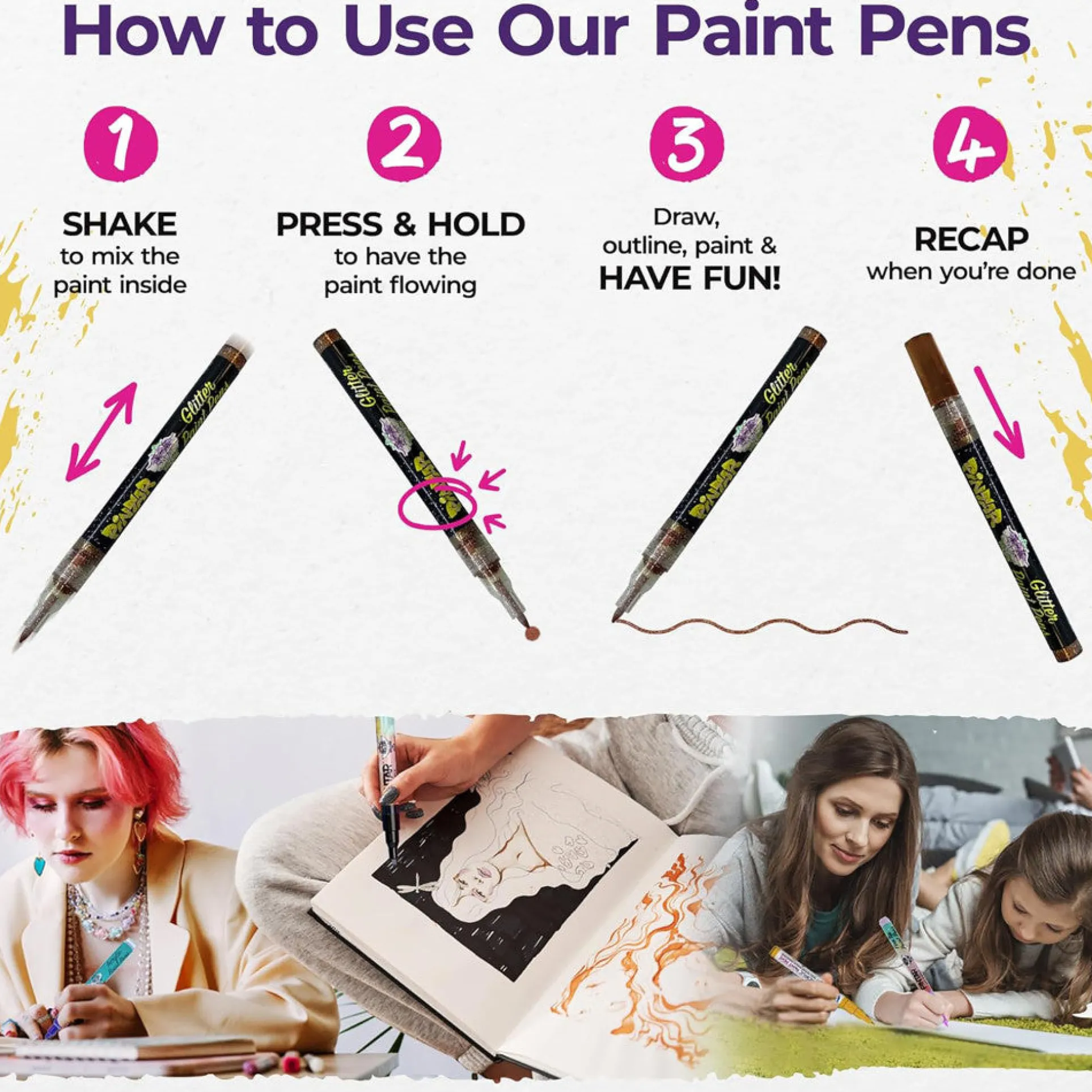 Pintar Glitter Collection Acrylic Paint Markers - Extra Fine Tip 0.7mm, 14 Pack