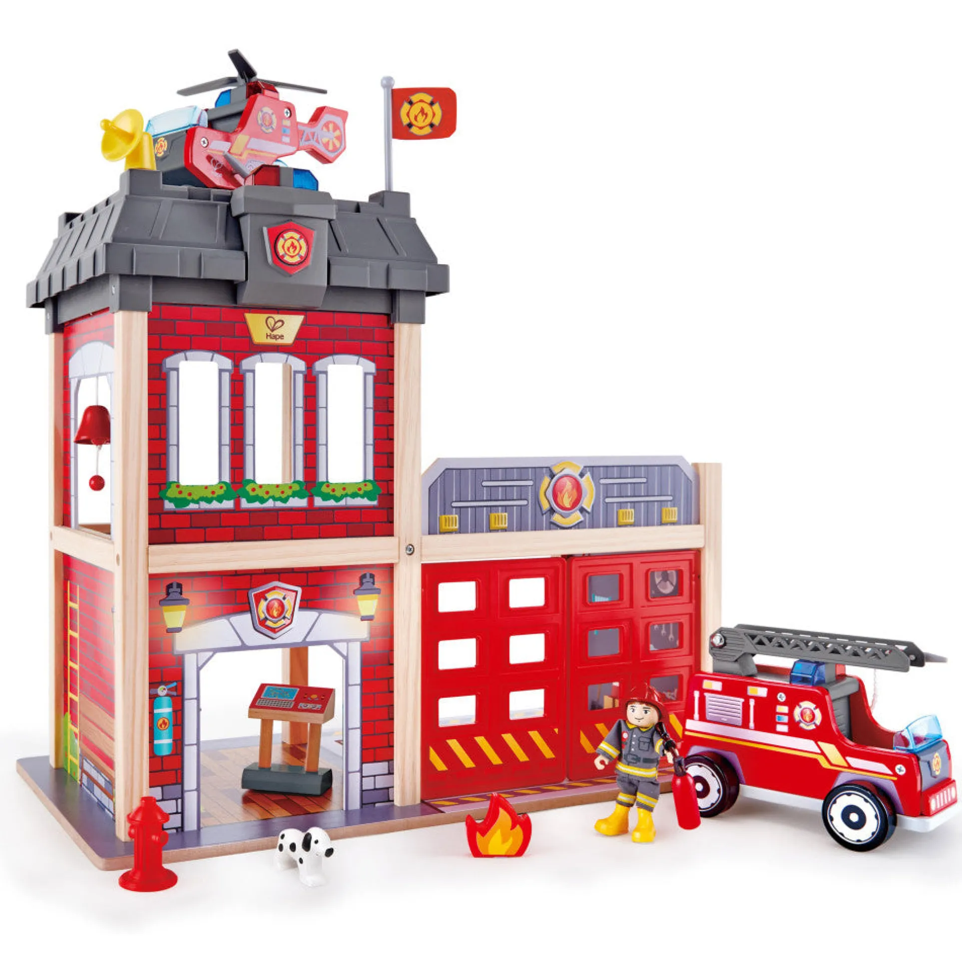 Hape City Fire Station Wooden Playset - 13 Pieces - Interactive Rescue Adventure