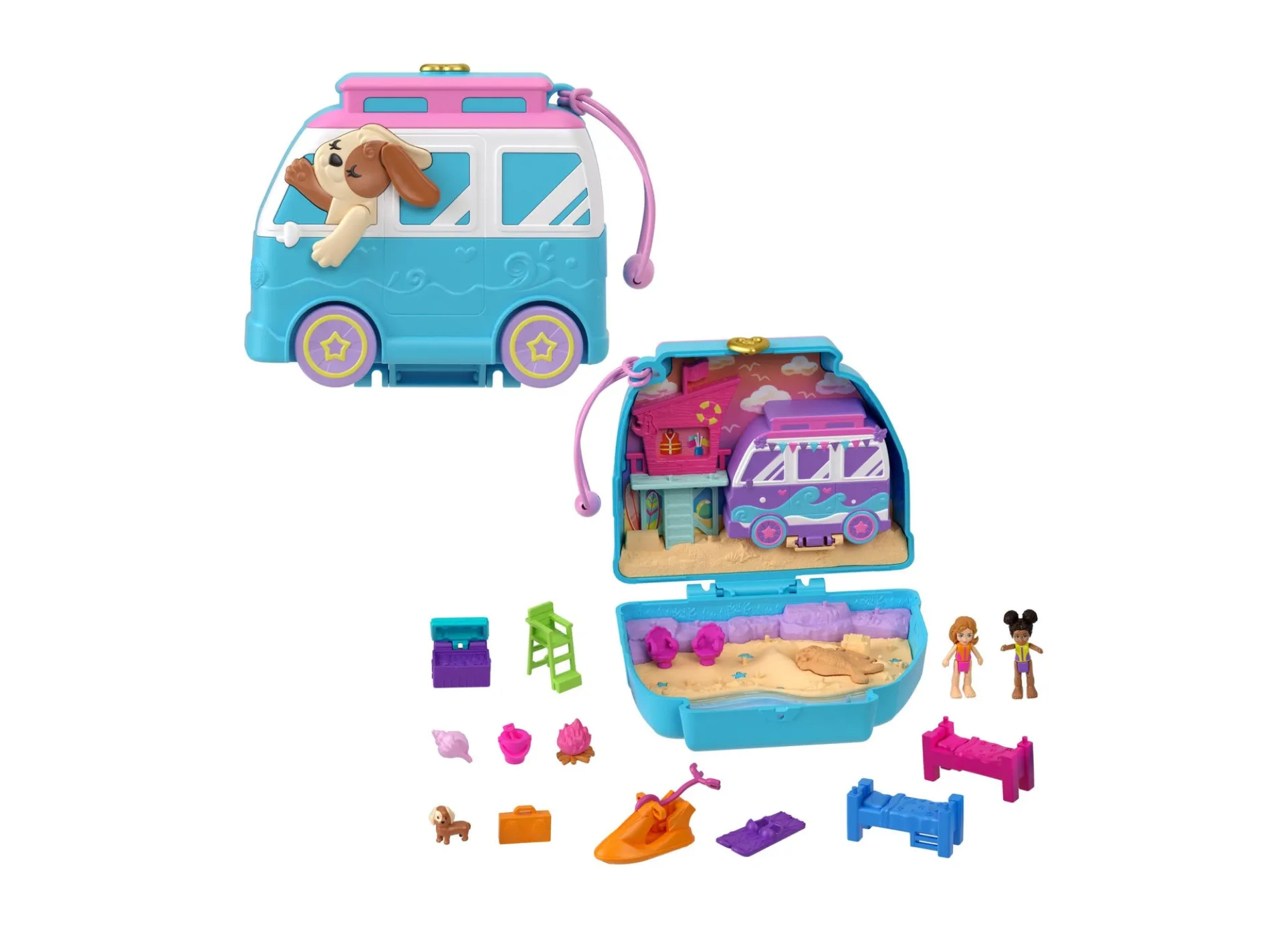 Polly Pocket Seaside Puppy Ride Playset with Micro Dolls and Accessories