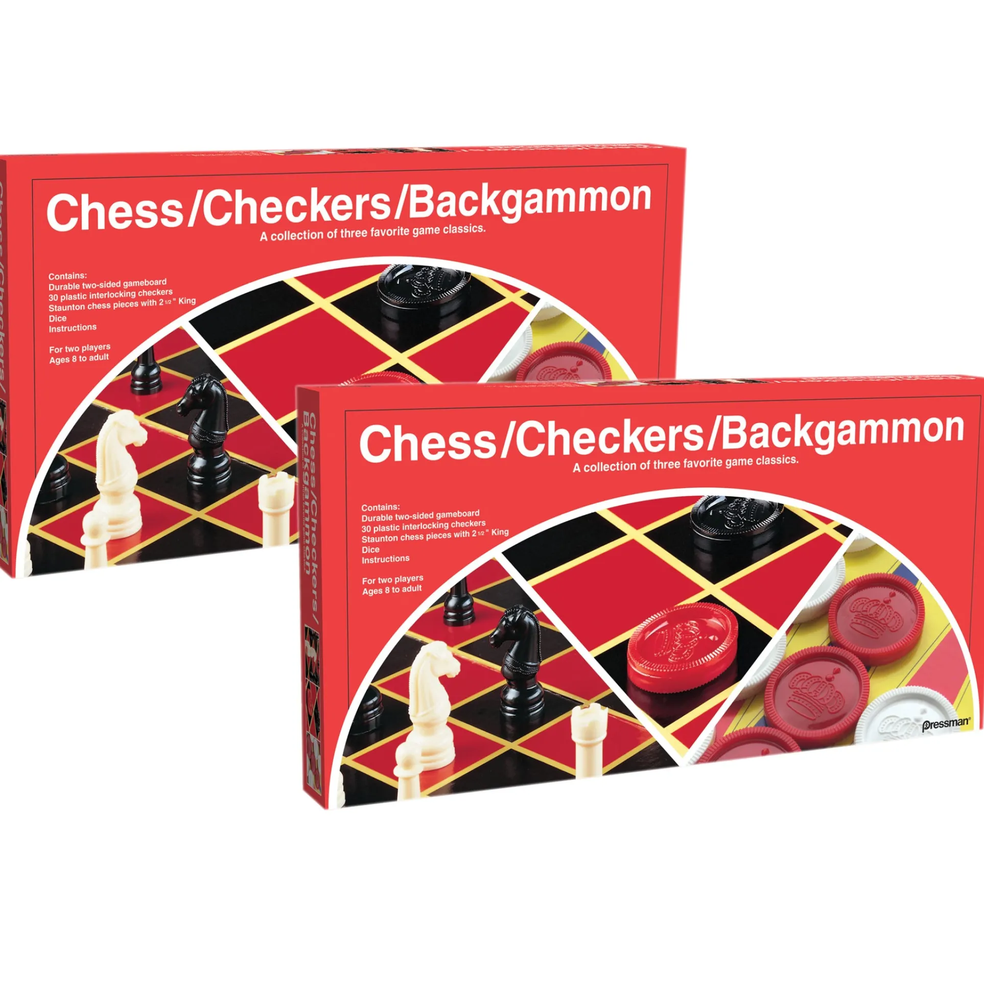 Pressman Triple-Play Classic Board Games Set, Chess/Checkers/Backgam Net, Pack of 2