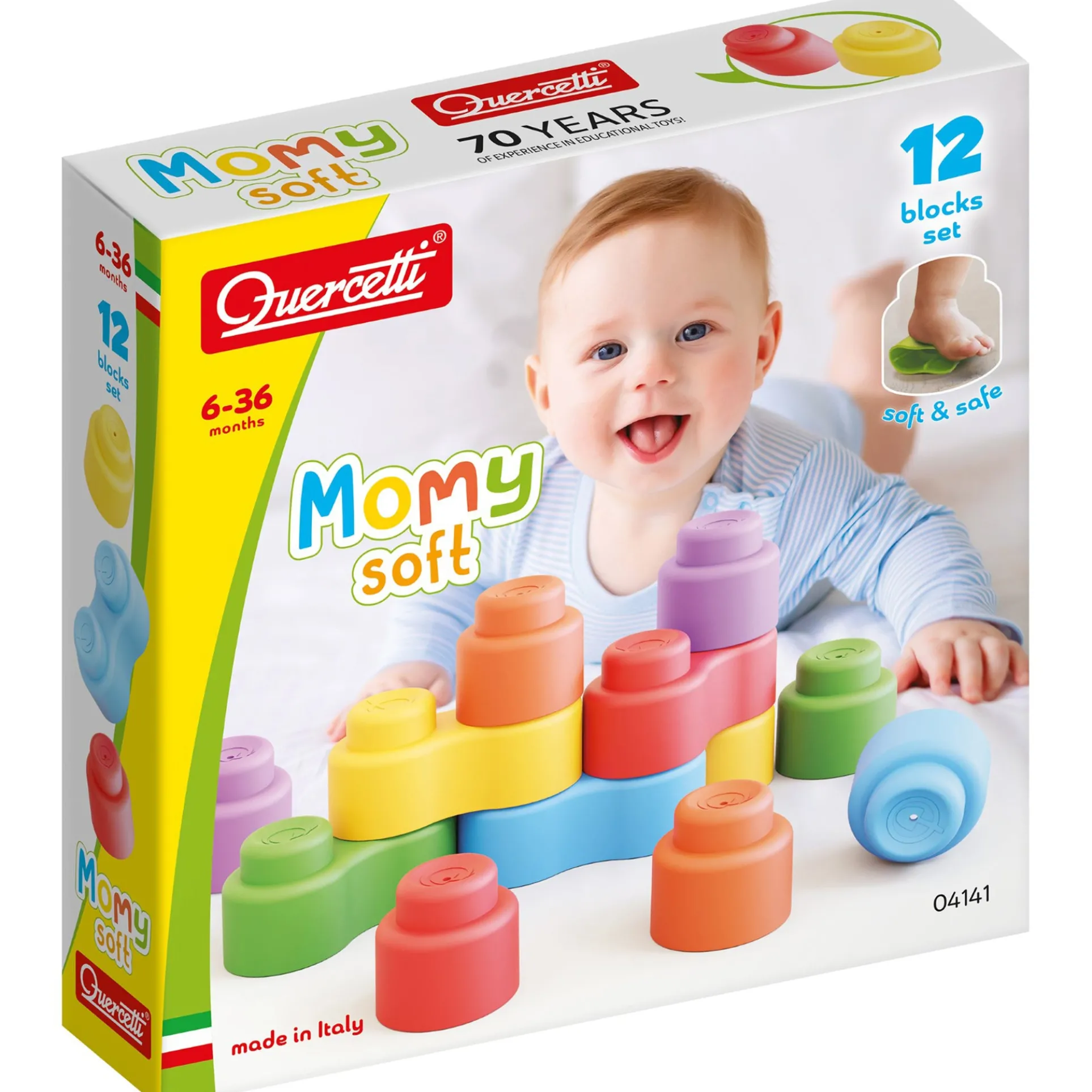 Quercetti Momy Soft - 12 Piece Colorful Blocks Set for Babies