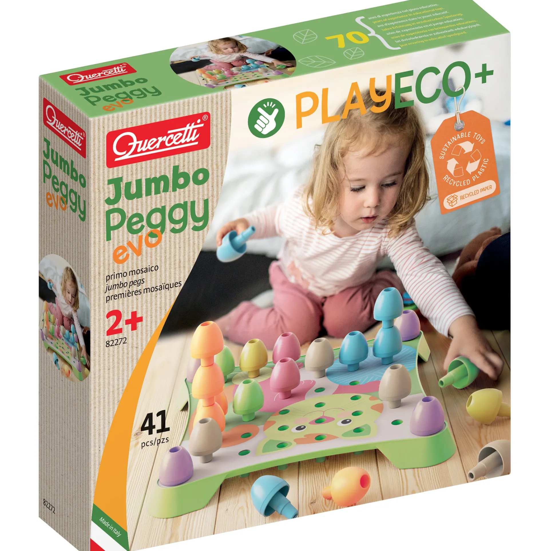 Quercetti PlayEco+ Jumbo Peggy Evo - Colorful Peg Stacking Toy for Toddlers