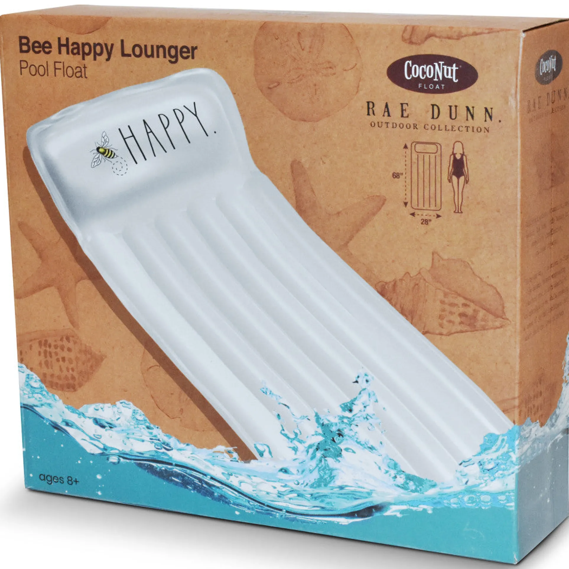 Rae Dunn Bee Happy 68x28 Inch Inflatable Pool Lounger, Durable Anti-Leak Design
