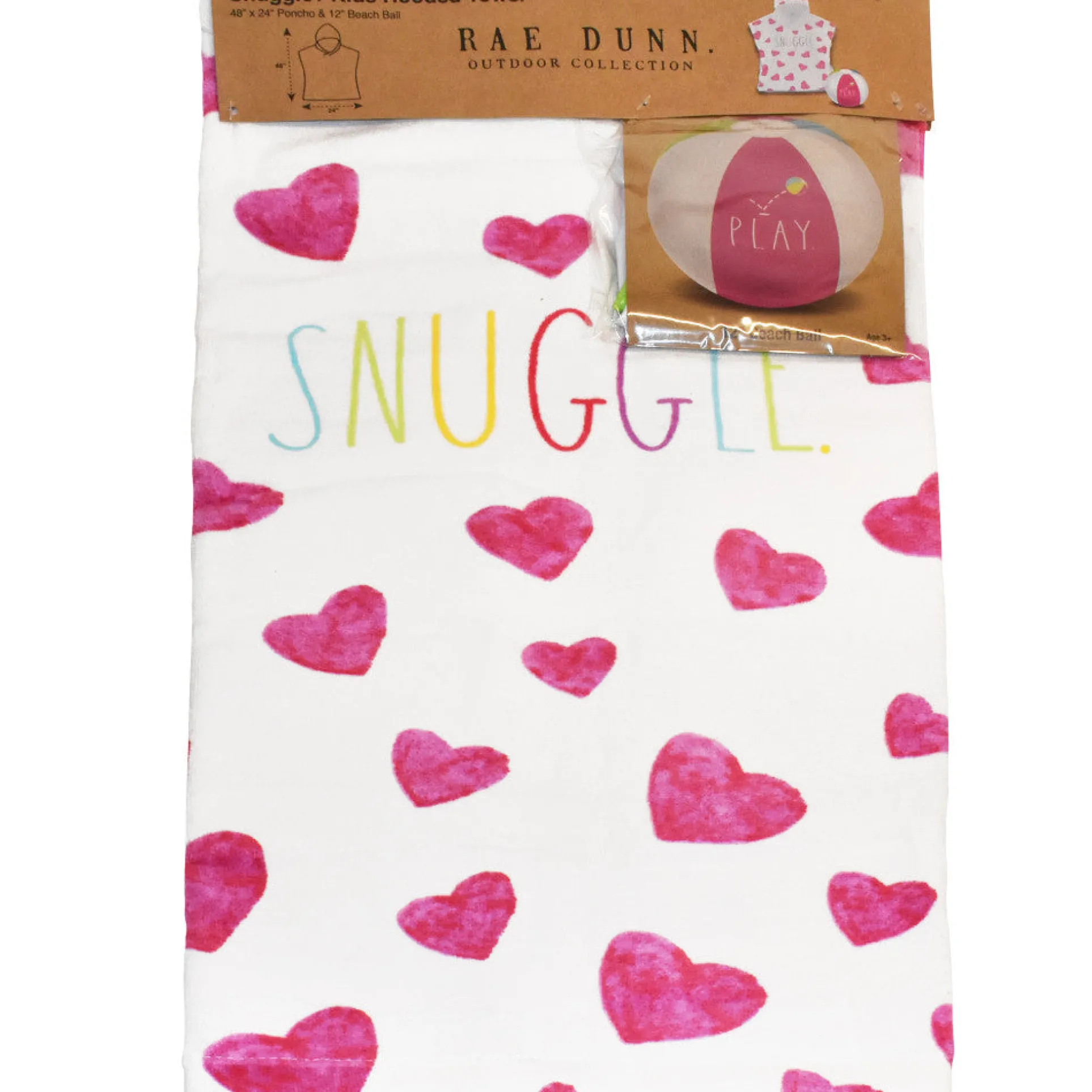 Rae Dunn Snuggle Kids Hooded Towel & Beach Ball Set - Hearts 48"x24" Cotton Terry Poncho
