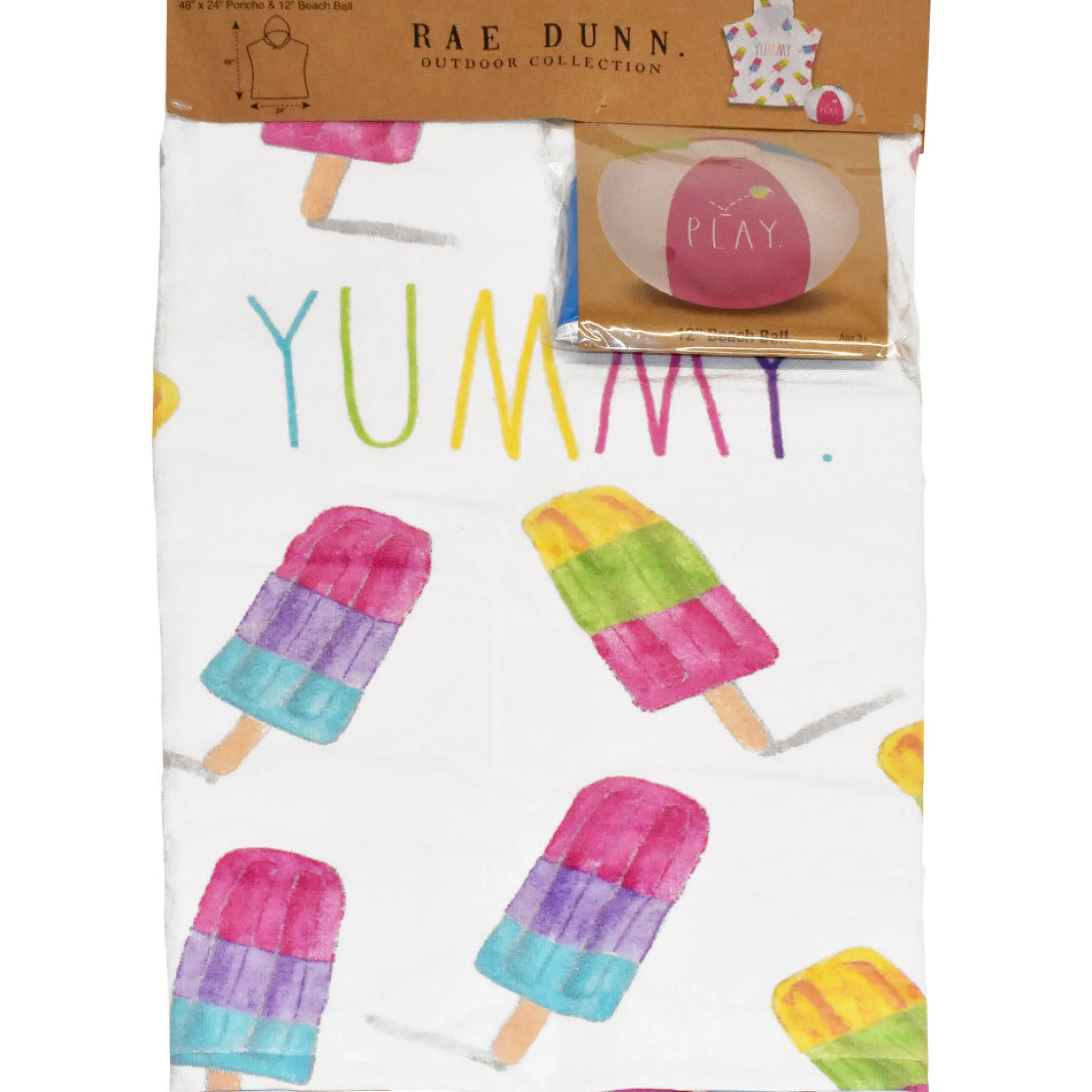 Rae Dunn Yummy Kids Popsicle Hooded Towel & Beach Ball Set - 48"x24" Cotton Terry Poncho for Toddlers