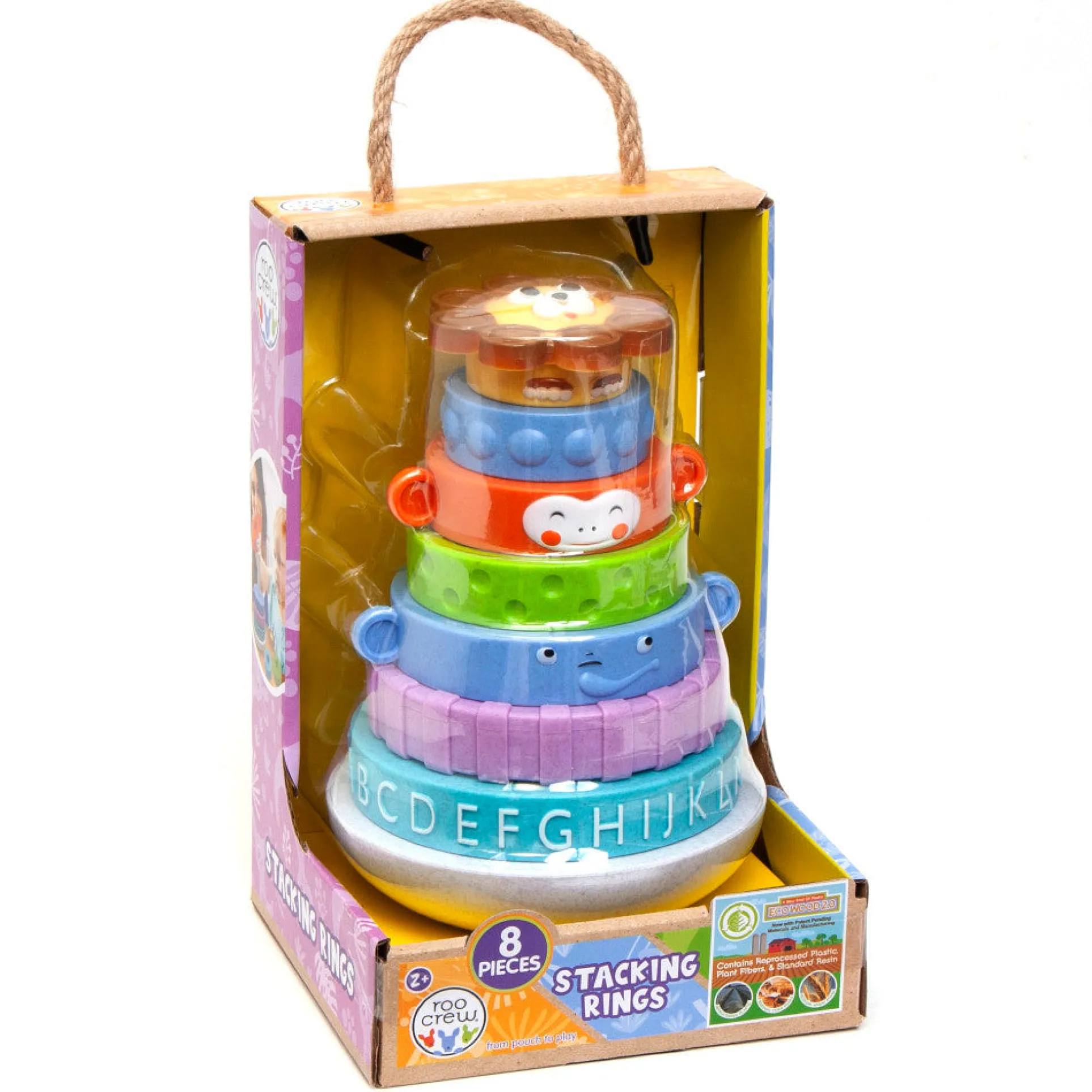 Roo Crew Eco Wood Stacking Rings - Colorful Toddler Sensory Toy, 8 Pieces