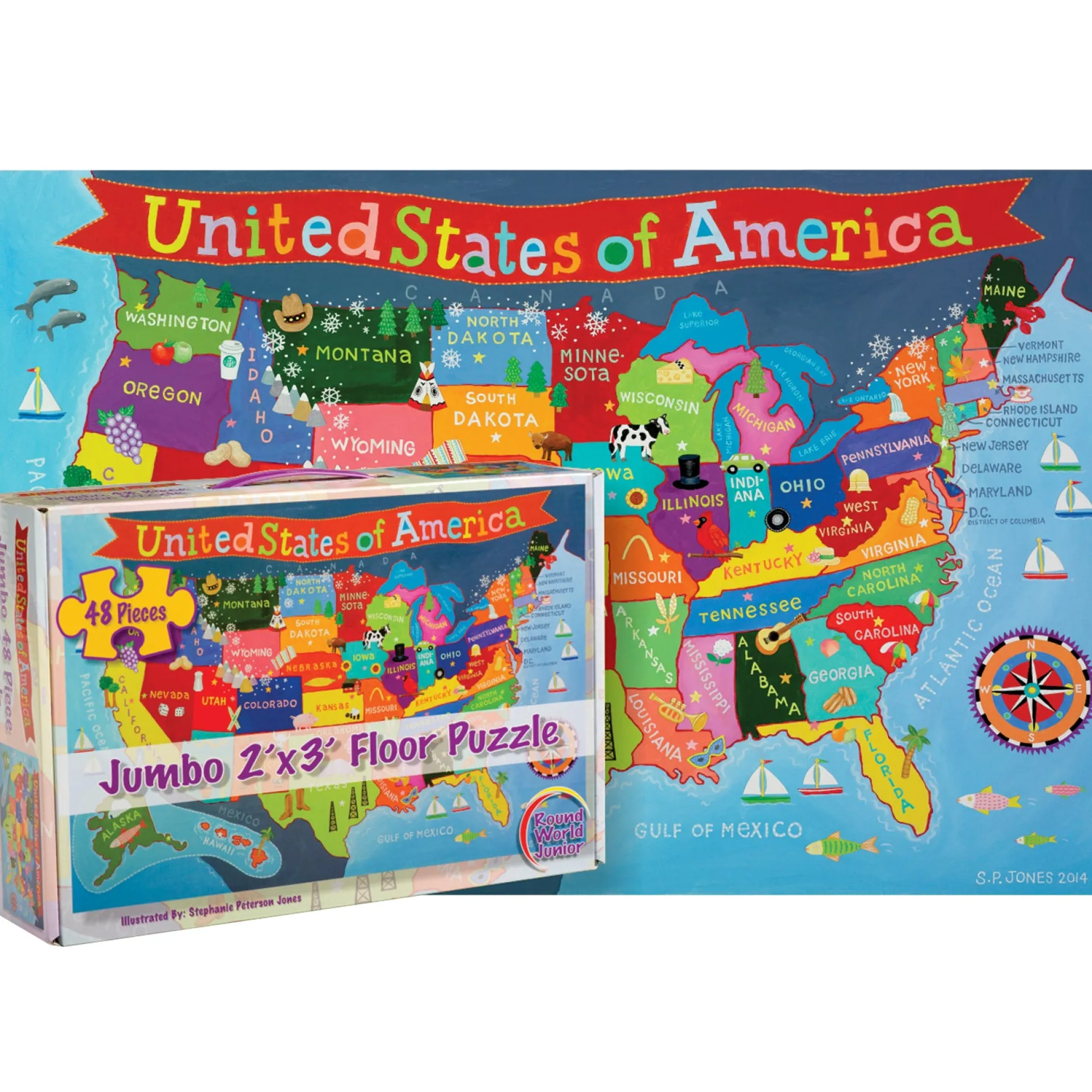 Round World Products USA Map Floor Puzzle for Kids - 48 pc