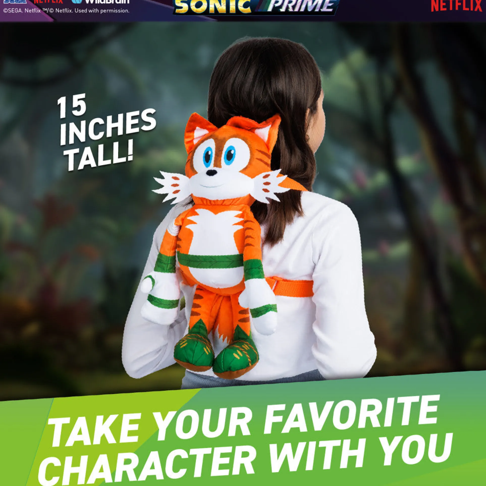 Sonic Prime Mangey Tails 15" Plush Backpack - Adjustable Straps, School Ready