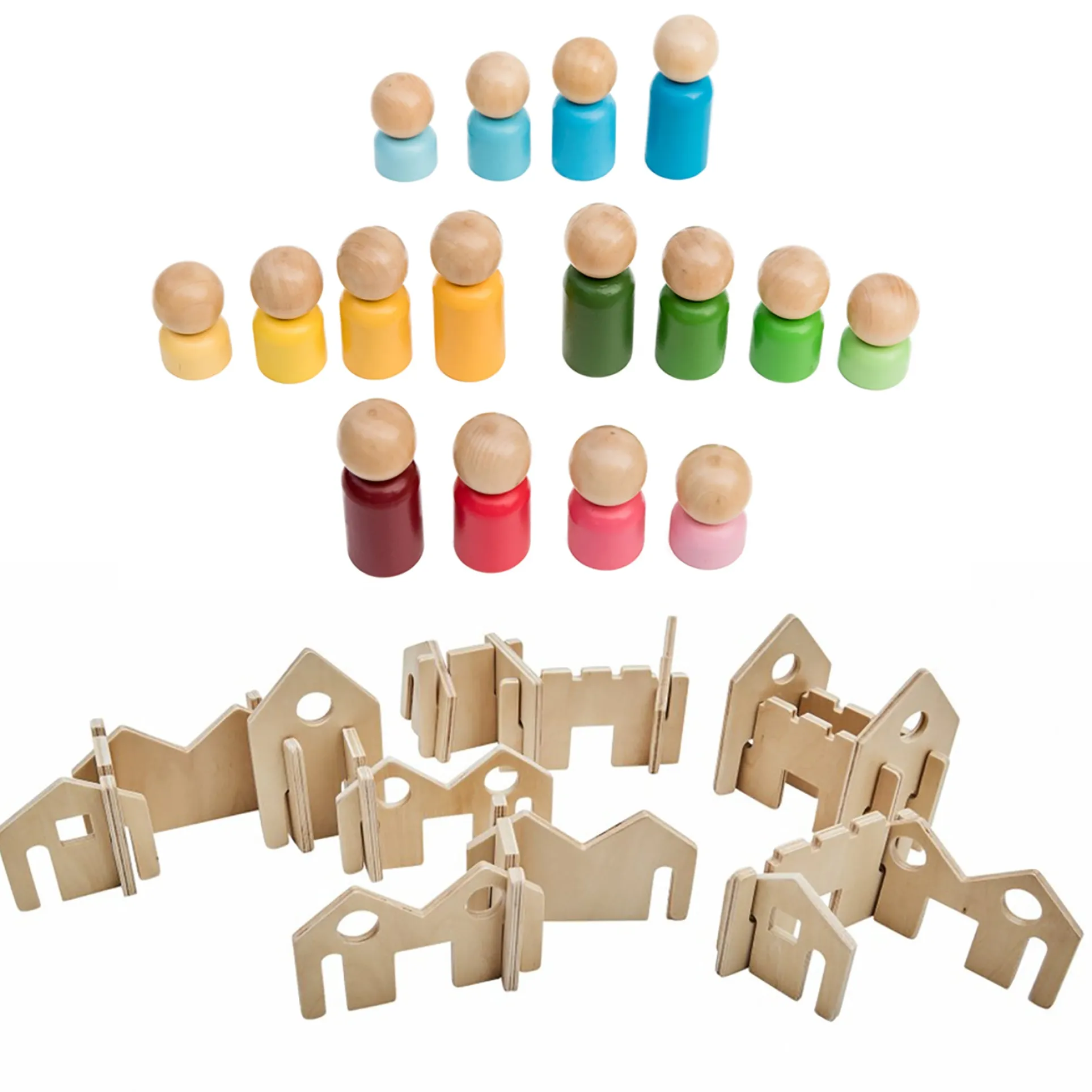 The Freckled Frog Rainbow Families & Architect Wooden Blocks Playset