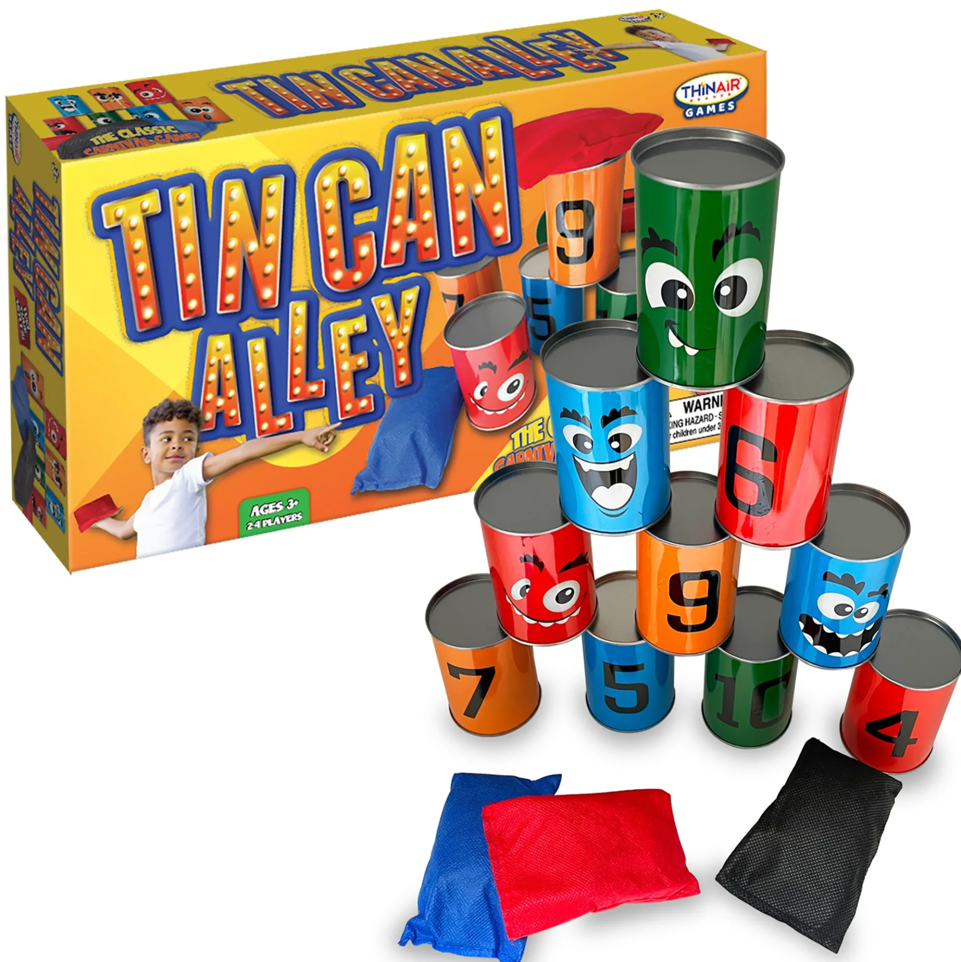 Thin Air Games Tin Can Alley Bean Bag Toss - Carnival Game Set with 10 Emoji Cans and 3 Bags