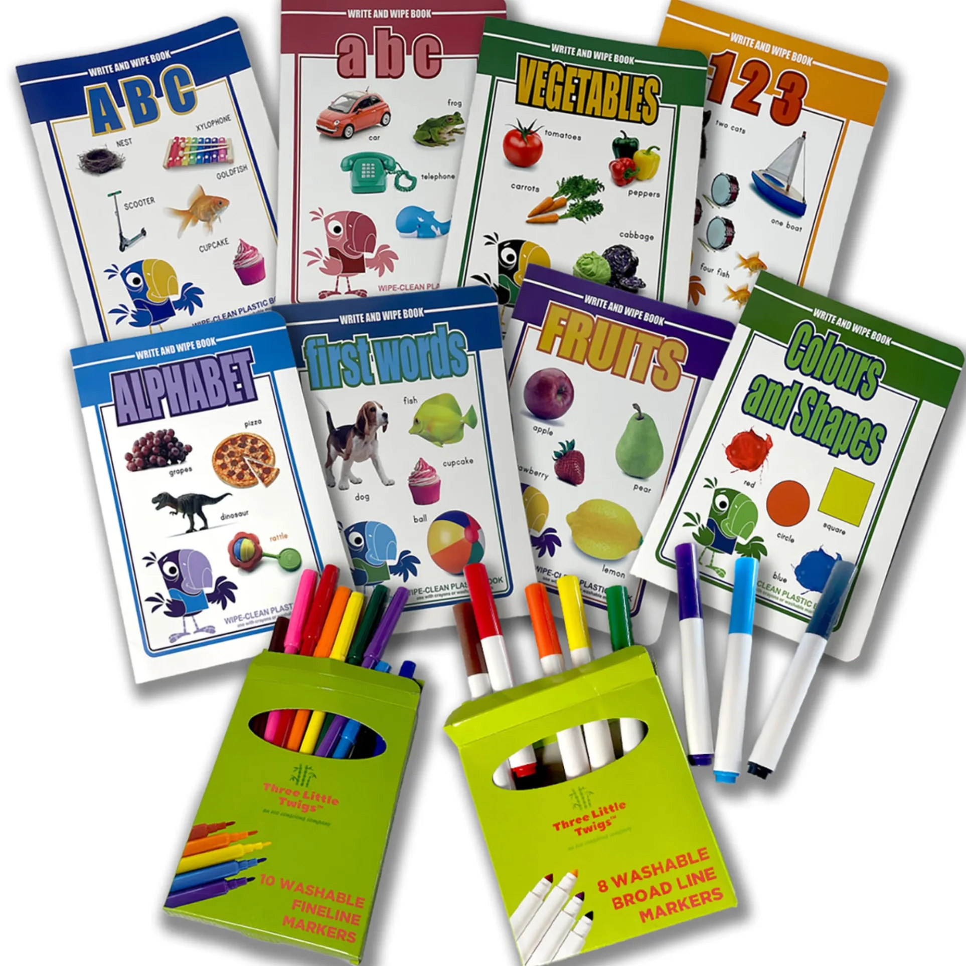 Three Little Twigs Write & Wipe - 8pk Assorted Reusable Educational Books