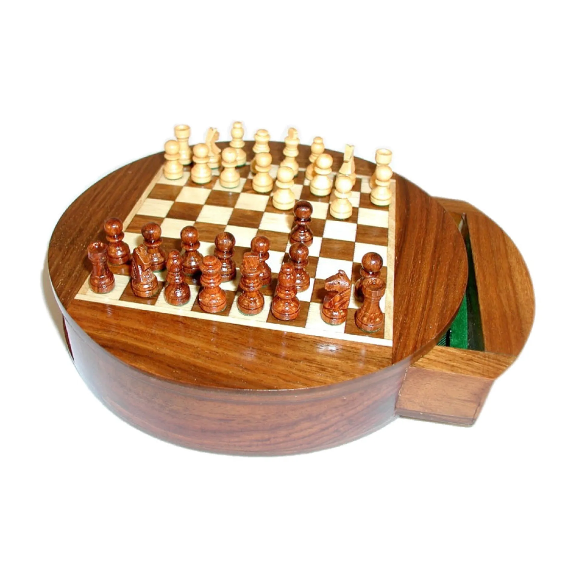 WorldWise Imports 6" Magnetic Round Wood Inlaid Chess Set with Slide Drawer