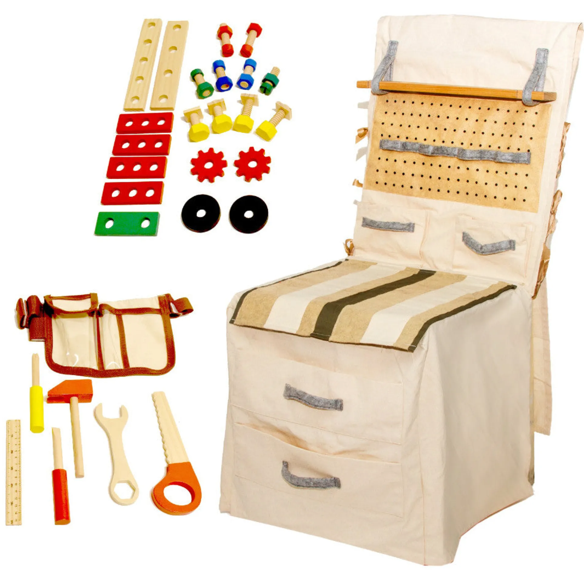 PopOhVer 39-Piece Pretend Play Builder Set - Realistic Wooden Tools