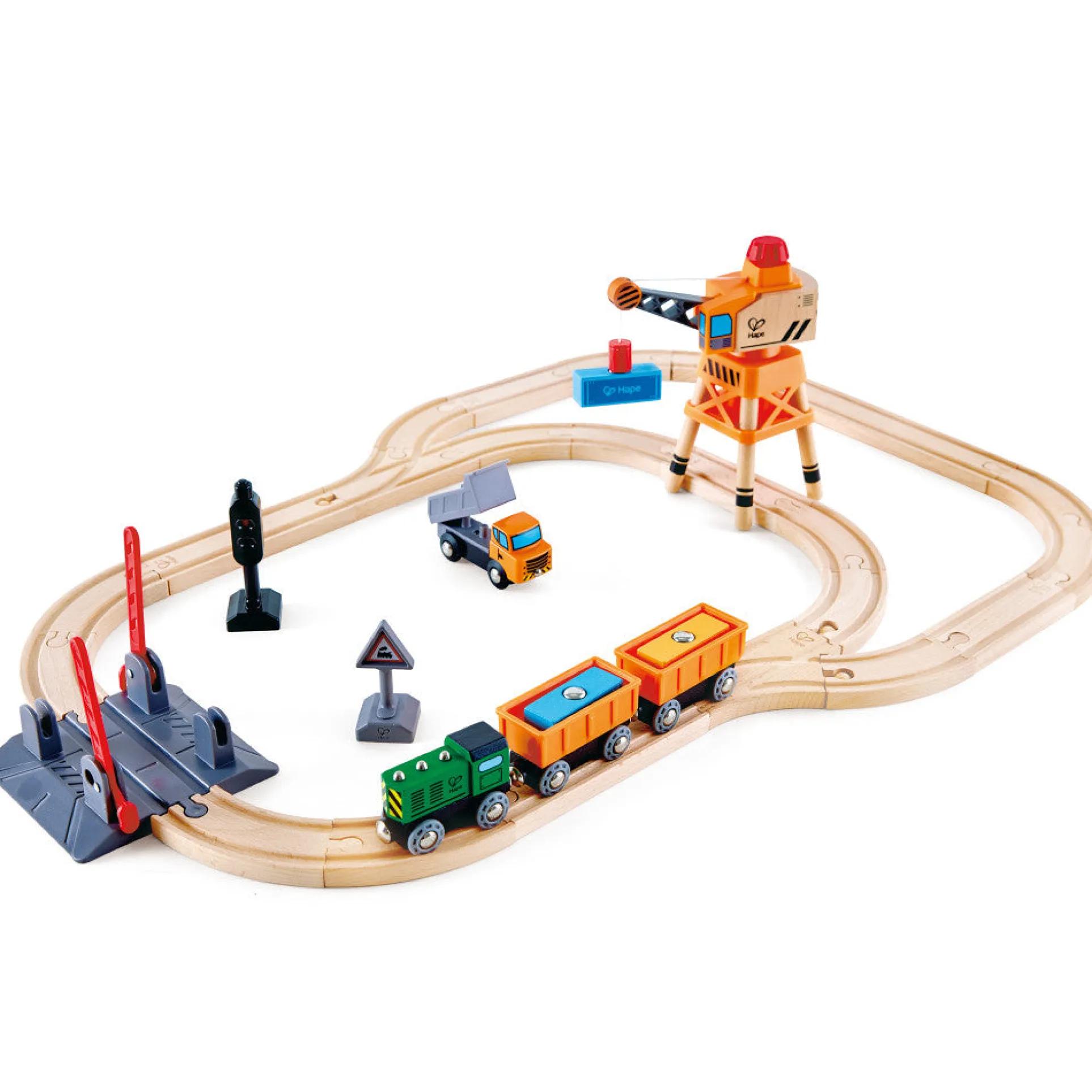 Hape - 32pc Wooden Train Cargo Railroad Yard - Crossing & Crane Set